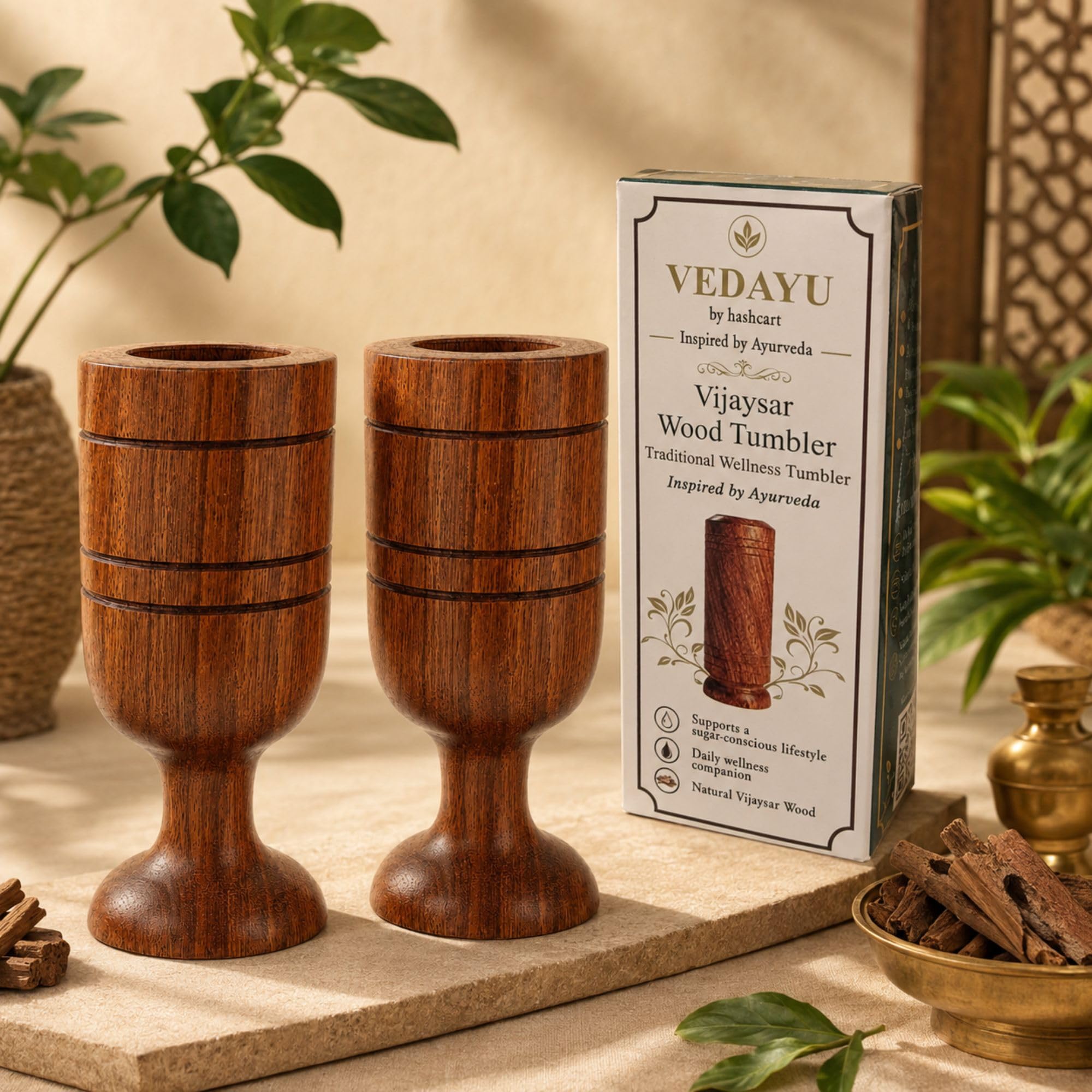 Vijaysar Wooden Goblet Set, Pack of 2, Ayurvedic Inspired | Two natural wooden goblets with smooth finish, decorative grooves and stable pedestal bases for everyday use.-picture-20