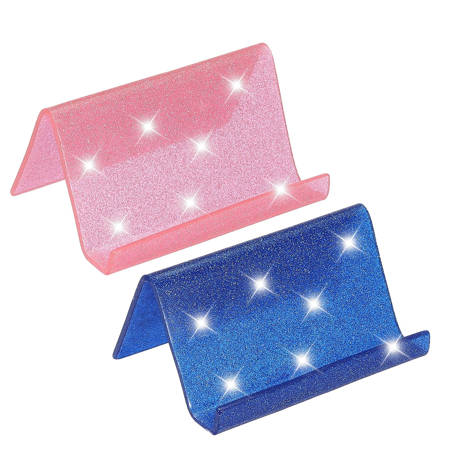 PATIKIL Business Card Holder for Desk 2Pcs Acrylic Business Card Holders Shine Card Stand Organizer Cards Display for Office Exhibition Pink/Blue