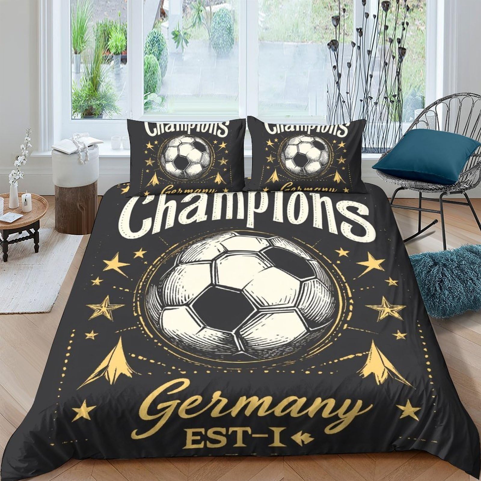 P5V6M1Q9 3D Printed Soccer Champions Duvet Cover Microfiber Soft Germany Football Bedding Set with 2 Pillowcases for Bedroom Single（135x200cm）