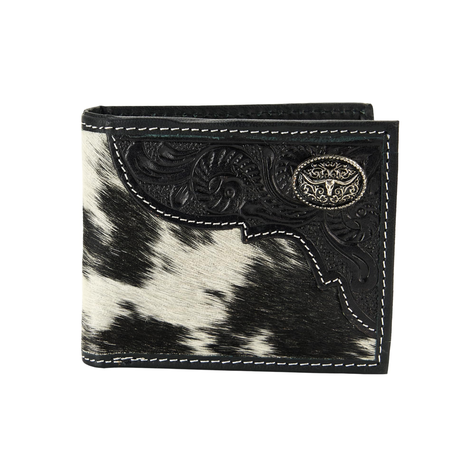 American Bison Portafoglio bifold da uomo in vera pelle bovina nera Hair-on-Hide - Portafoglio Western in vera pelle con disegni Concho, nero, 3,5 x 4,5 x 12,7 cm, Concho Longhorn