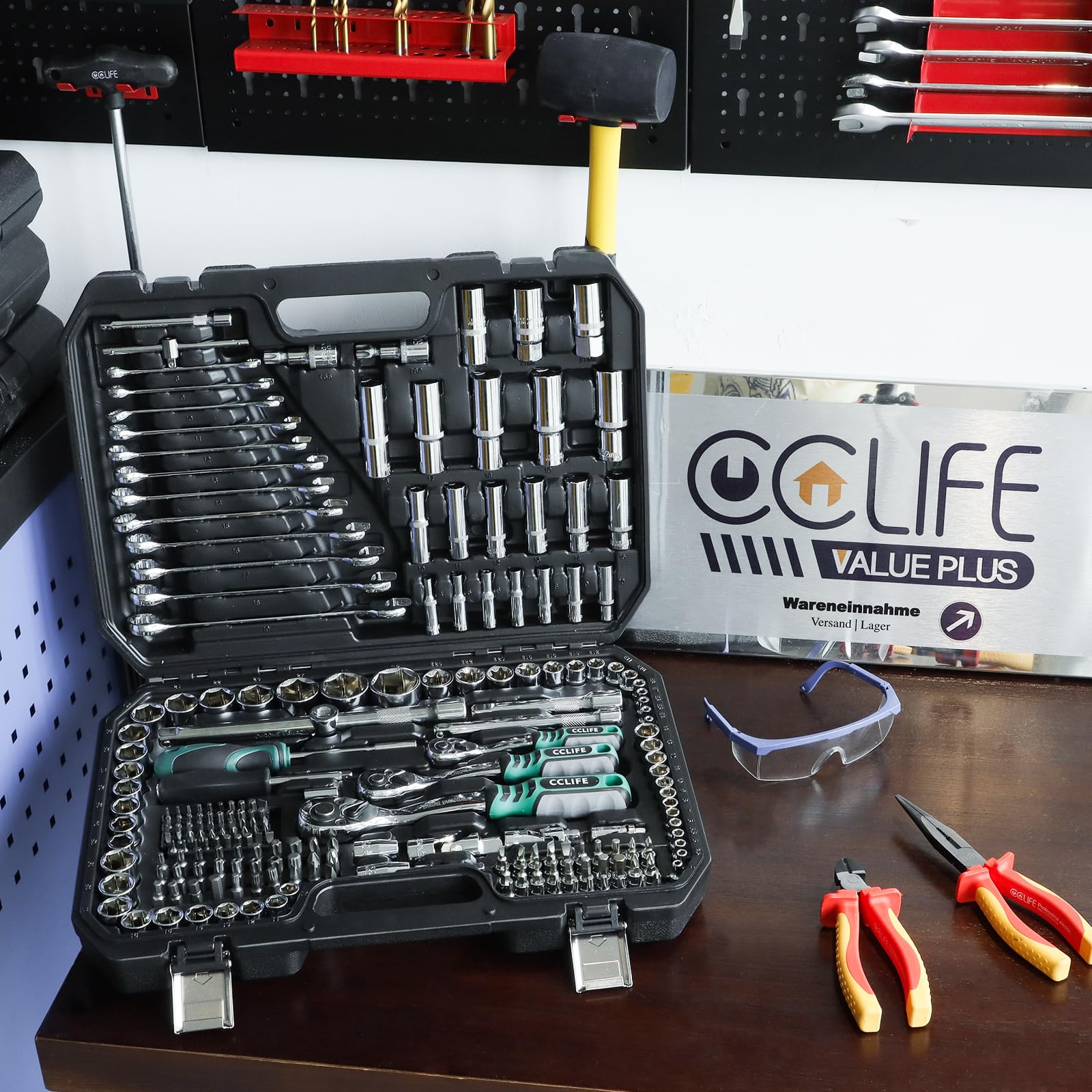 CCLIFE 218 Pezzi Set di Chiavi a Bussola Cr-V con Cricchetto 72 Denti, Bussole und Ed Inserti, Maniglia Girevole, Barra di Prolunga, Kit di Attrezzi Meccanici per Auto