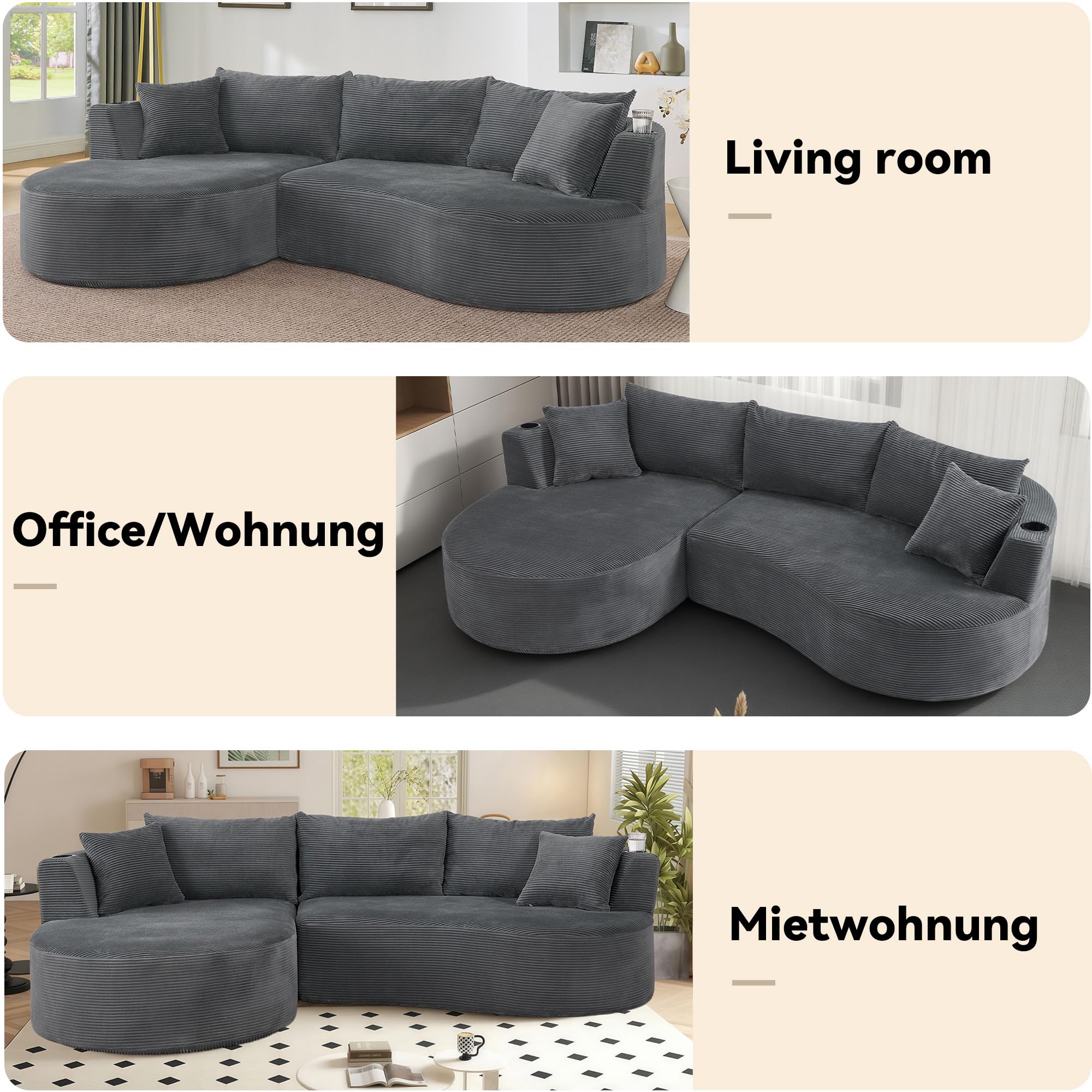 Canapé d'angle Convertible modulable 3-4 Places–Design incurvé en Velours côtelé,avec Porte-gobelets et Coussins–Canapé compressé sans Montage–Salon,Appartement(Gris+L)