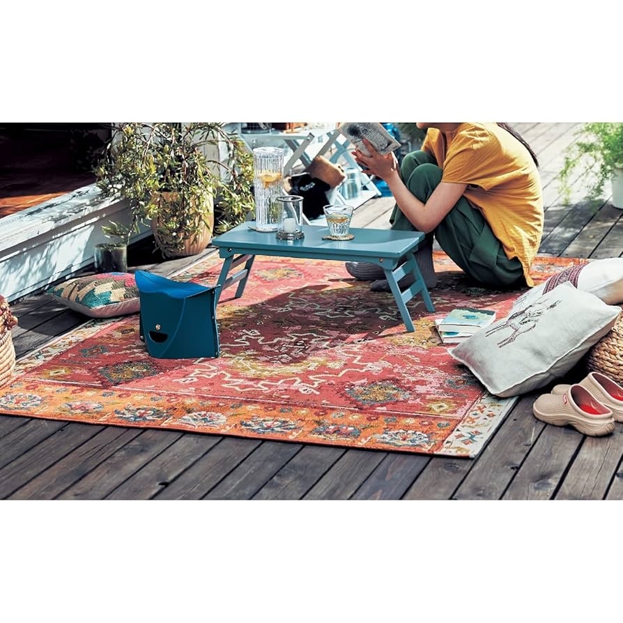 訳あり/大判/ディープレッドとブルーのフラワーラグ　No.566 訳あり/大判/ディープレッドとブルーのフラワーラグ No.566