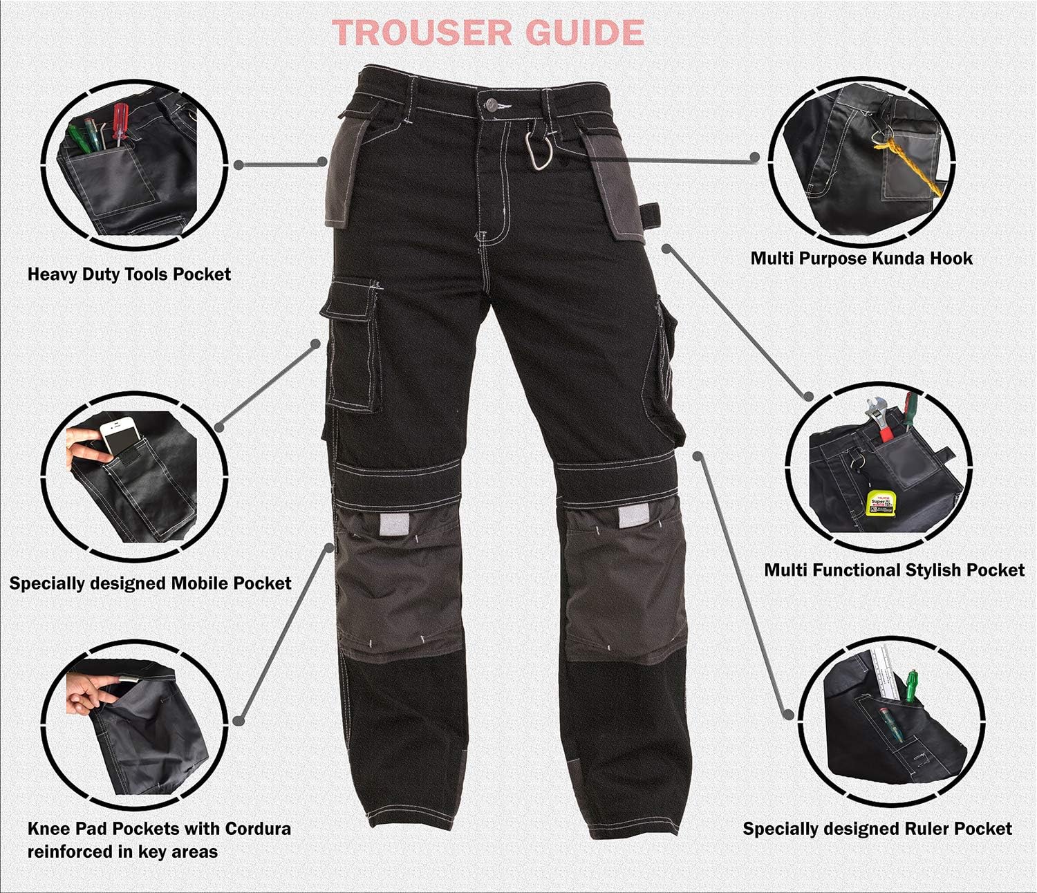 Mens Work Pants Reinforced Cordura Knee Pads Pockets Workwear Cargo Work Trousers Carpenter Construction Pants