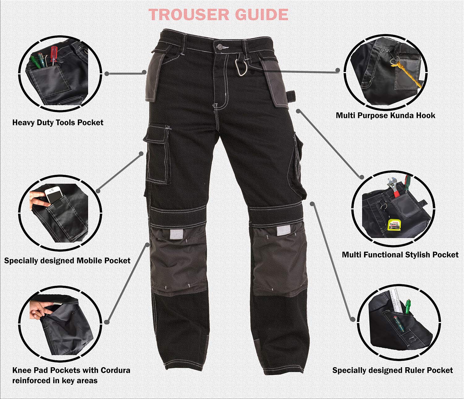 Image secondaire de Qaswa Homme Pantalon De Travail Cargo Genouillères avec Poches Work Wear Trousers, Black, 34W / 30L