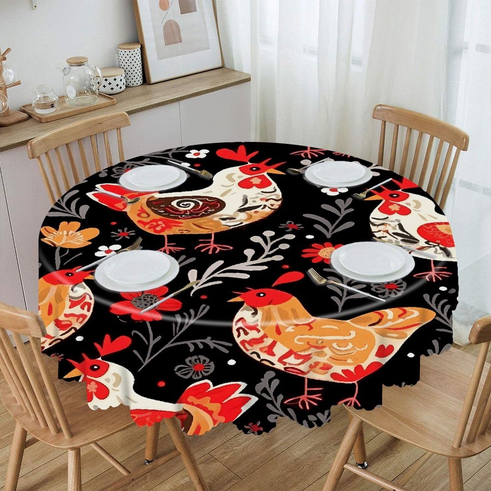 VstaDank Cute Rooster Chickens Round Tablecloth Premium Polyester Table Cloth Heavy Duty Washable Fabric Tablecloth Waterproof Holiday Table Cover Decorative Tablecloths for Dining 60"