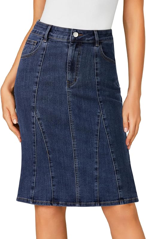 LYANER Women's High Waisted Denim Skirt | Summer Knee Length Pencil Mermaid Stretch Jean Skirts with Pockets