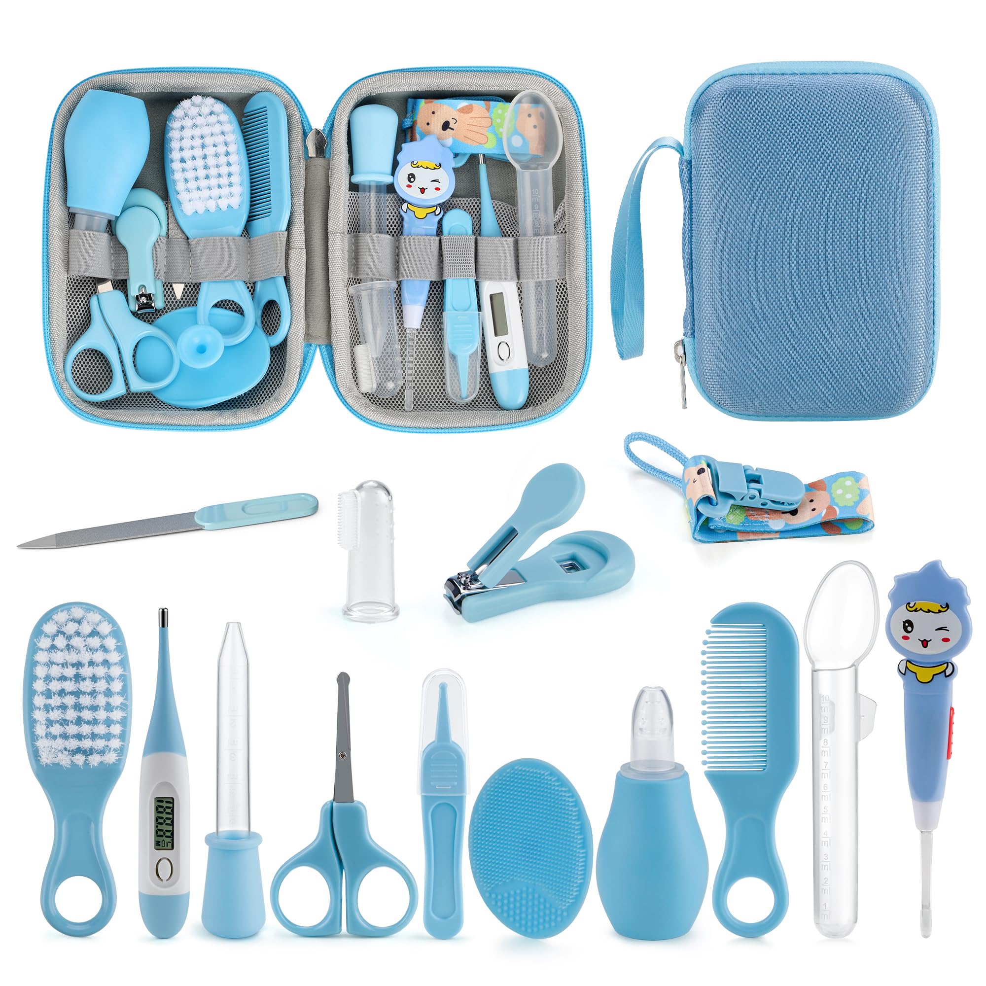 Kit de cuidado y aseo para bebés OTTOLIVES, 15 en 1, regalo para baby shower con lima de uñas, peine, cepillo de dientes y aspirador nasal. Kit de artículos esenciales para bebés recién nacidos, niñas y niños (azul).