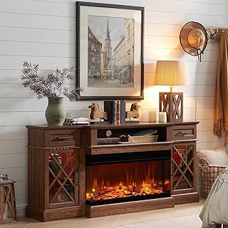 OKD 3-Sided Glass Farmhouse Fireplace TV Stand for TVs up to 80'', Highb...