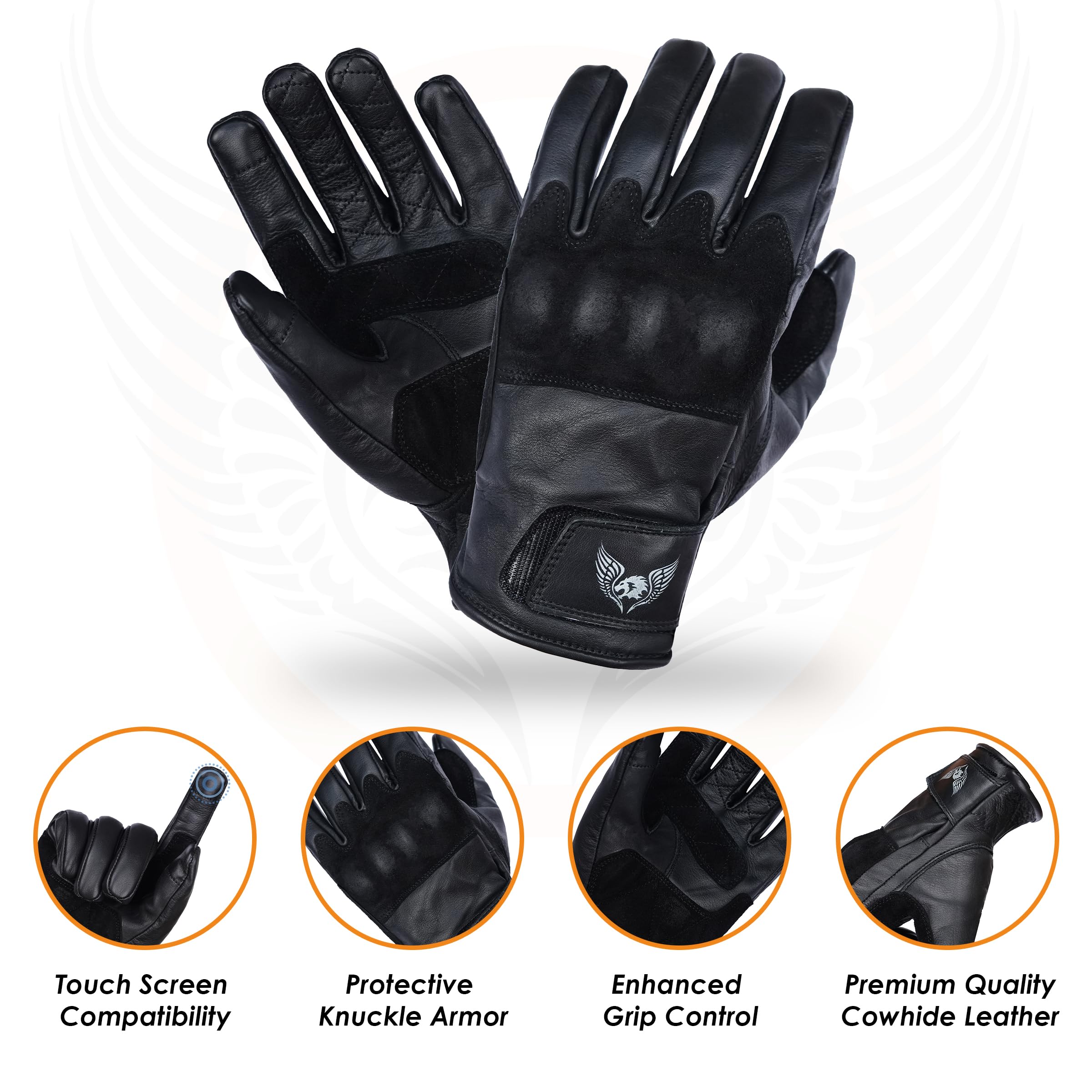 Leatherick Guanti da moto in pelle bovina da uomo - Guanti da moto resistenti, compatibili con touch screen con nocche in pelle scamosciata protettiva certificate CE