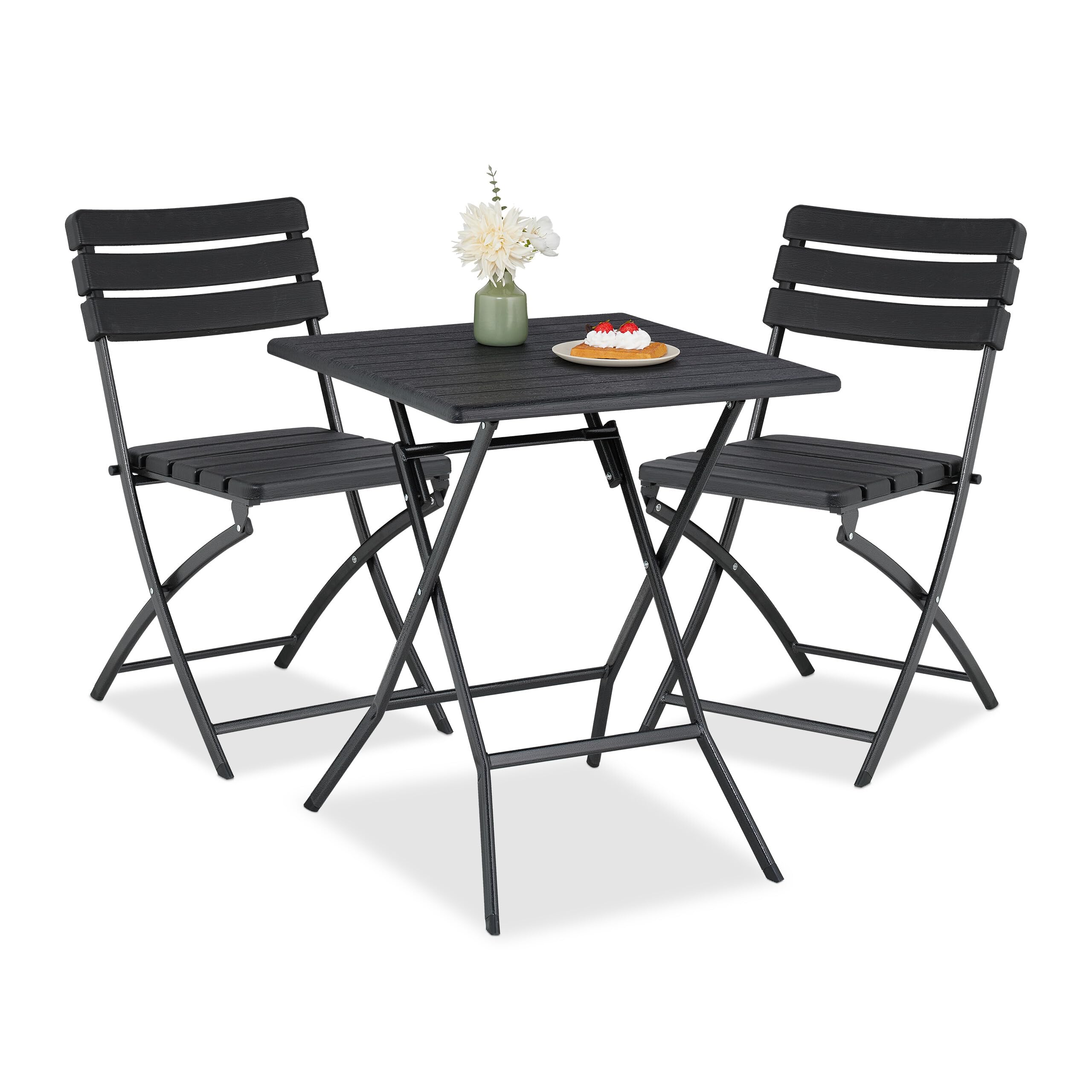 Relaxdays Table Pliante et 2 chaises pour Balcon, Aspect Bois, Acier et Plastique, Meubles terrasse, Noires