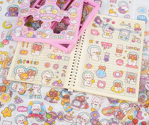 Miniatura 5 de Calcomanías Kawaii con diseño de oso de dibujos animados, 100 hojas transparentes de conejo, suministros de diario de mascotas, calcomanías para