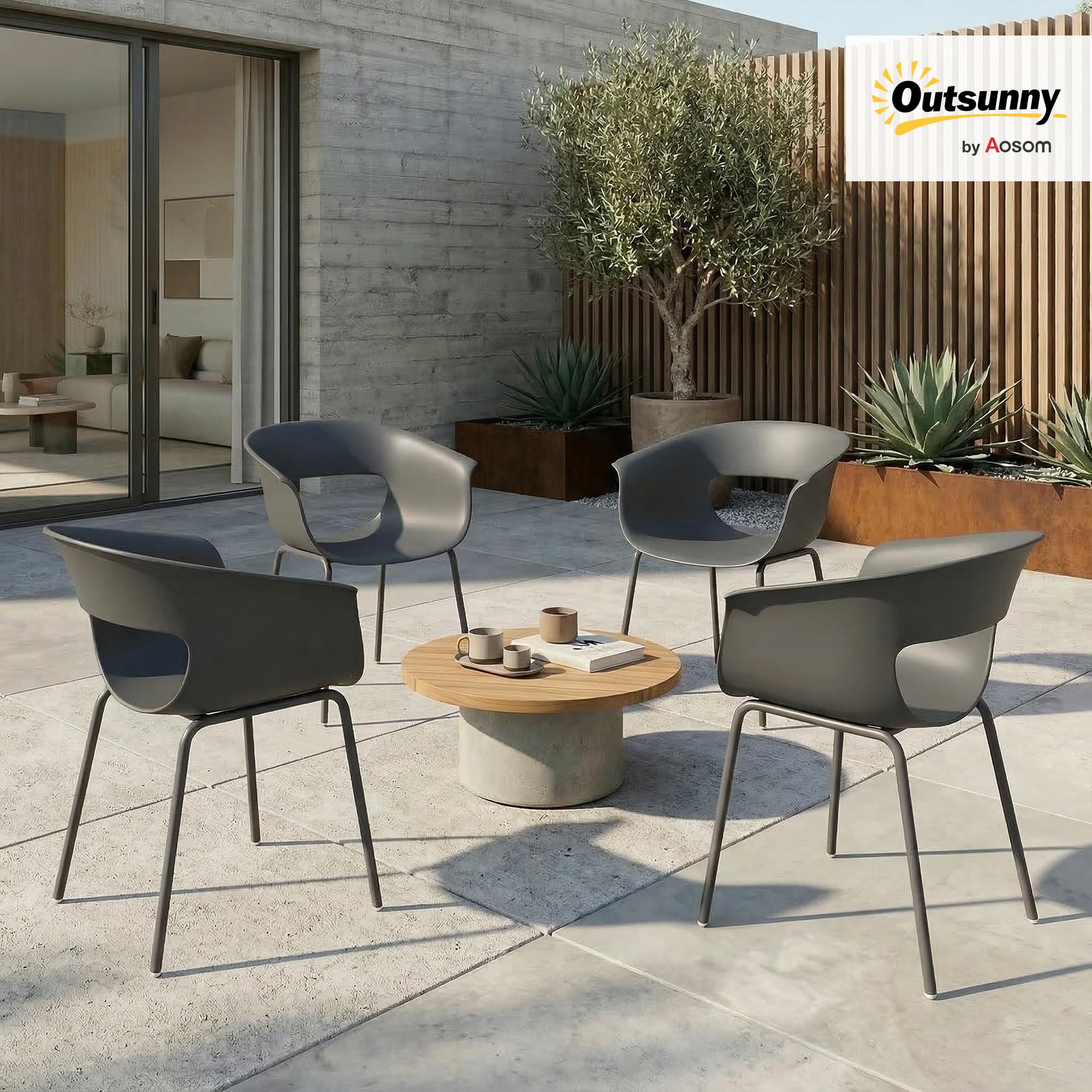 Outsunny Gartenstühle 4er Set ergonomisch Balkonstühle mit Ausschnittdesign Armlehne Wetterfest rostbeständig Outdoor Stühle bis 120 kg Terrassenstühle für Garten Balkon Terrasse Dunkelgrau