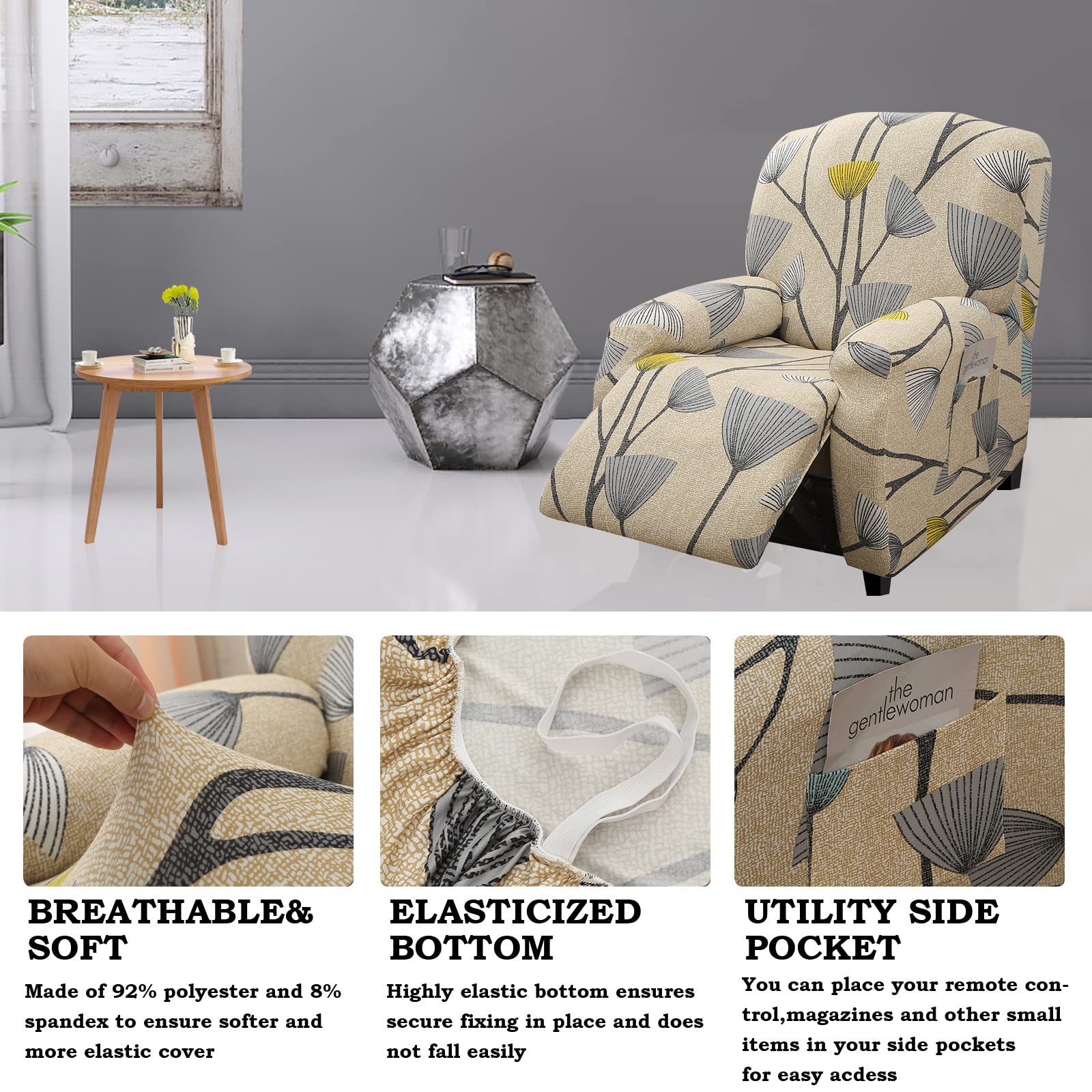 Lydevo Copripoltrona Relax Reclinabile Universale, 1 Posto Reclinabile con Tasche, Elasticizzato Lavabile Rimovibile, Fodere Poltrona Relax, Foglie Beige