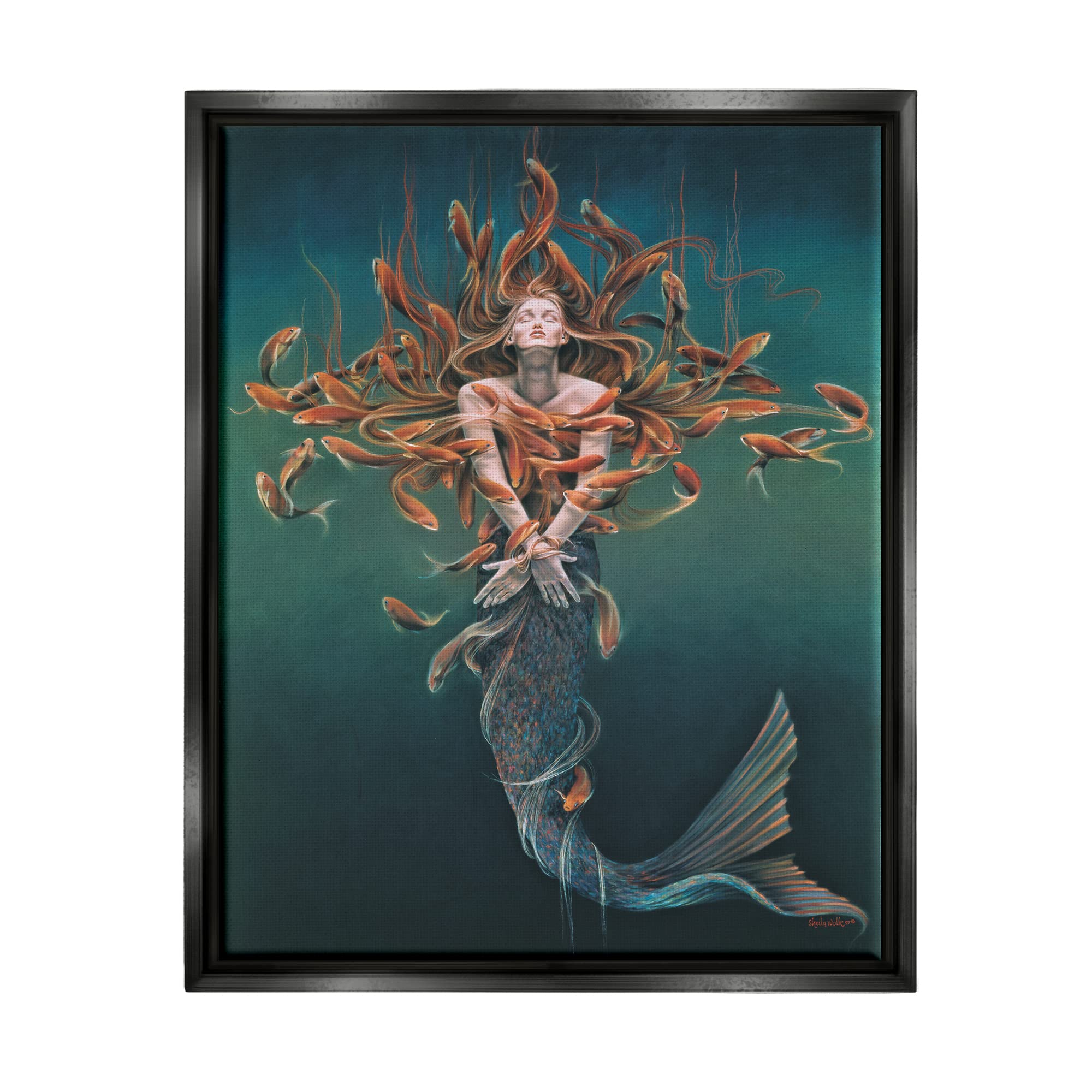 Stupell Industries Mermaid Fish Swirling Painting Framed Floater Canvas Wall Art, Design by Sheila Wolk
