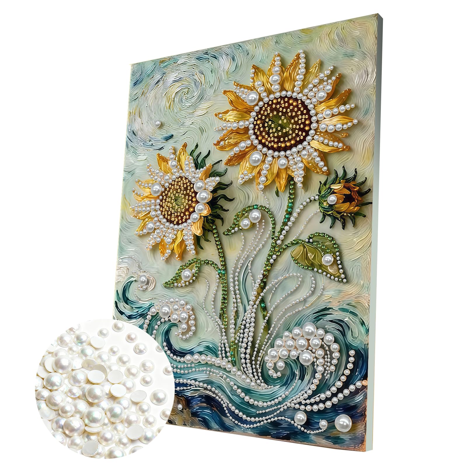 DIY Pearl Painting Kit with Wooden Frame, 3D Plastic Pearl Gemstone Ocean Art Craft for Adults Beginners, Diamond Art Kits for Adults, Home Wall Decor Ready Gift for Women(Sunflower)(30 * 40cm)