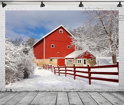 BELECO Telón de fondo escénico de invierno de 12 x 8 pies, valla de madera de granero rojo rural, fondo de árboles nevados blancos para fotografía,
