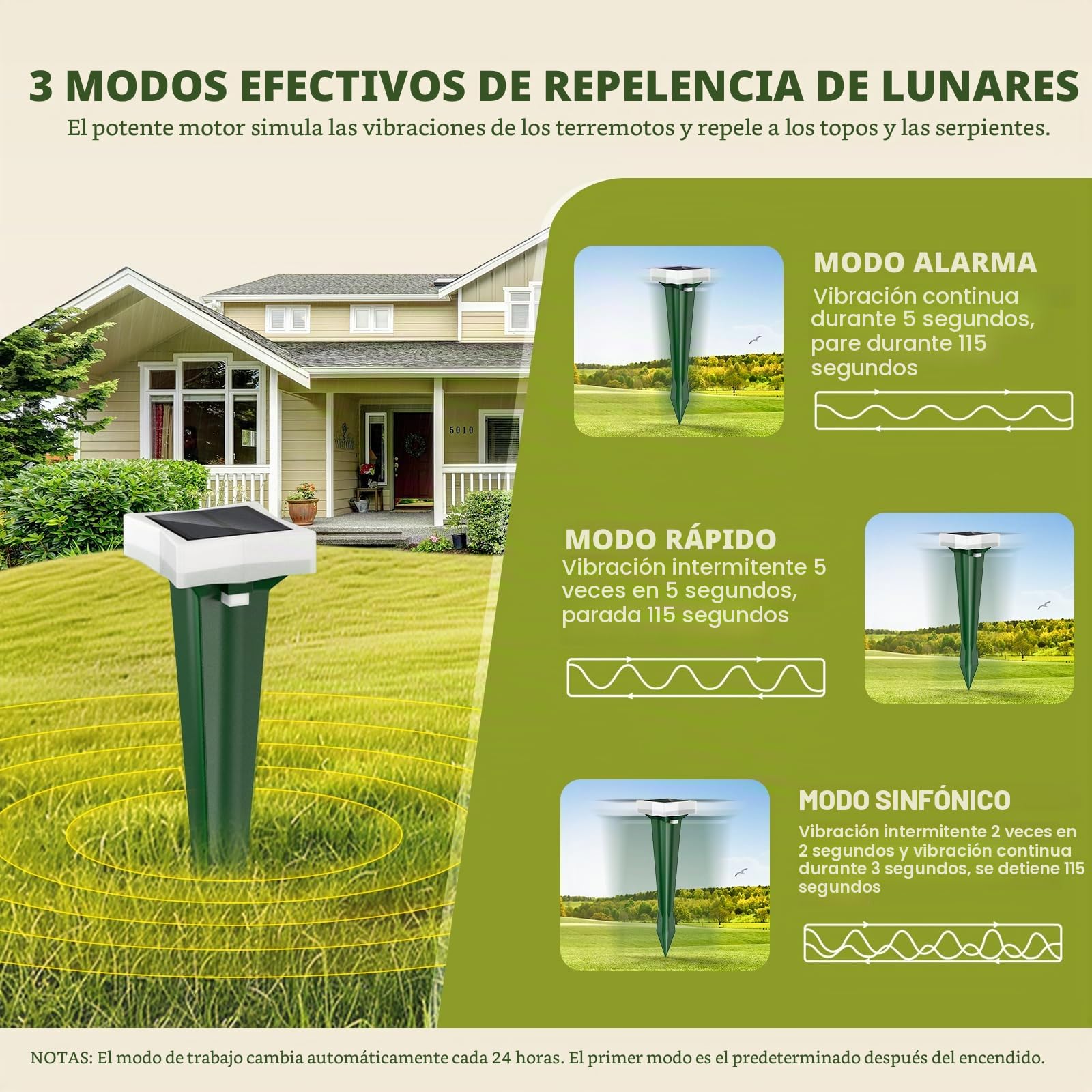 Ahuyentador de Topos, 3 Modos de Vibración Ahuyentador de Ratas con Luz LED, Solar y Impermeable Ultrasónico de Plagas, Topos y Serpientes, per Césped, Patio y Jardín (4, Verde)