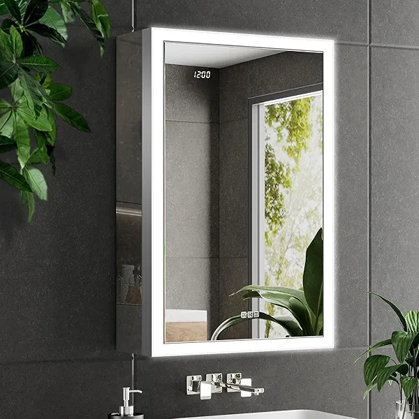 QueenFun LED Medicine Cabinet with Mirror, 24x32 Surface or Recessed Lighted Medicine Cabinet with Mirror, Dimmable Fogless Aluminum Medicine Cabinet with Outlet, Time Display& Built-in Sensing Light