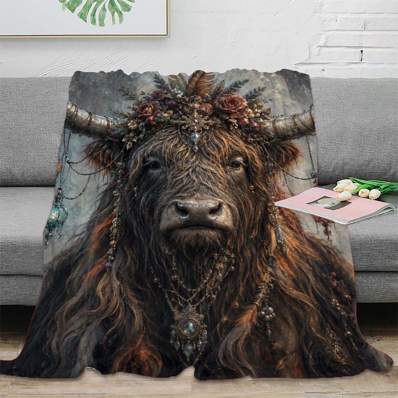 W7C8U2X3 Highland Cow Boho Portrait Throw Blanket, Flannel, Camping