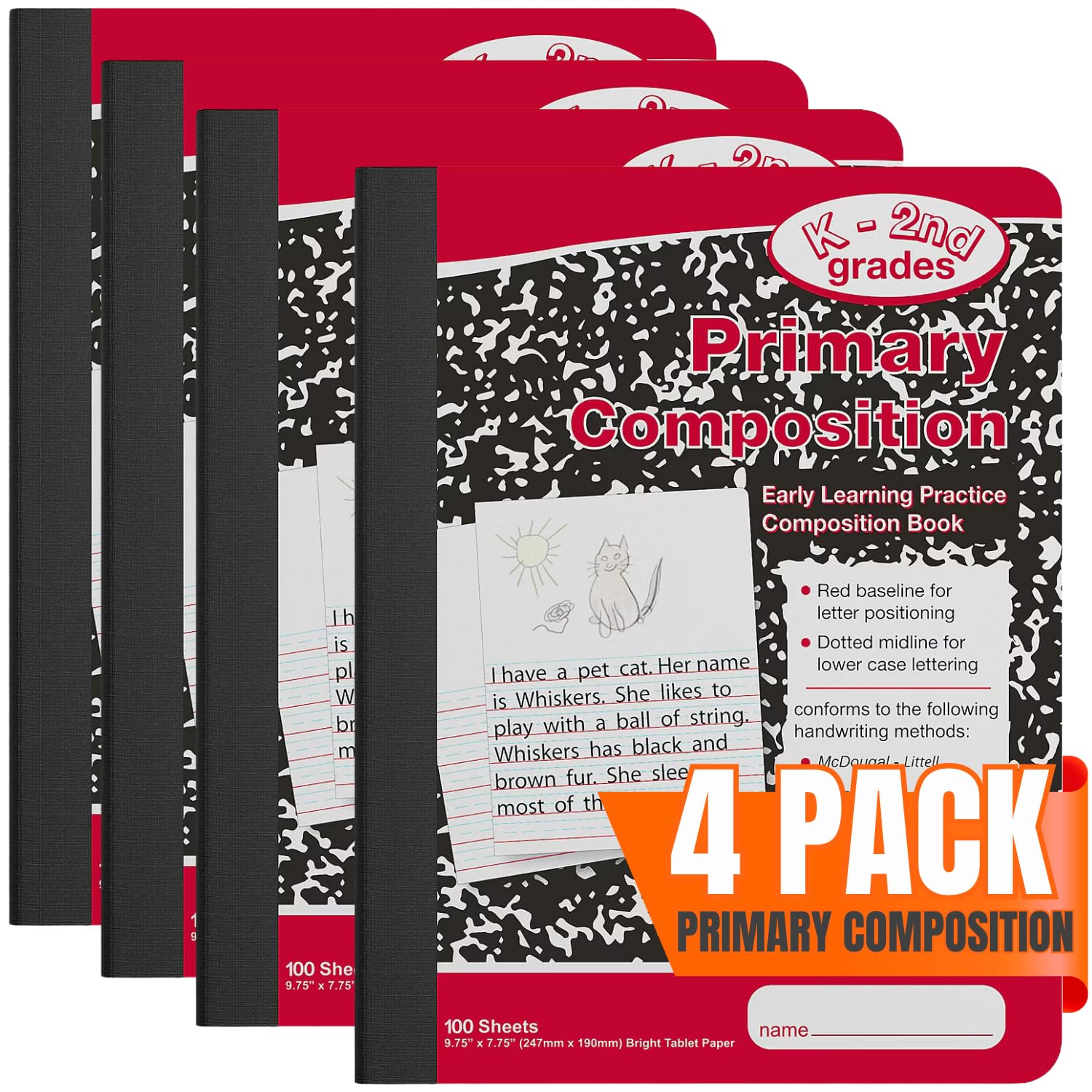 1InTheOffice Primary Composition Notebook K-2, Primary Journal, Kindergarten Notebook, 7.5" x 9.75", 100/Sheets, Red/Black Marble, 4 Pack