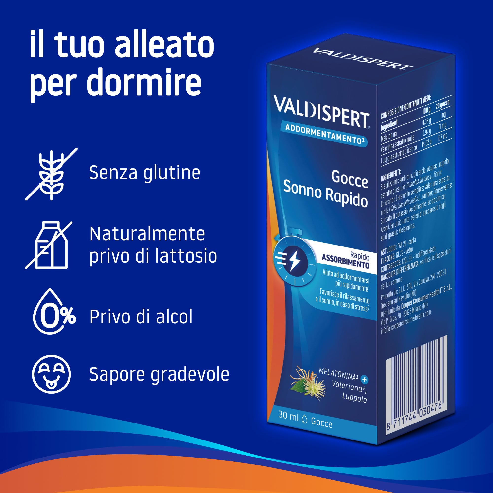 Valdispert Gocce Sonno Rapido, Integratore Alimentare per Dormire con Melatonina, Valeriana e Luppolo, Senza Glutine e Senza Lattosio, 30 ml