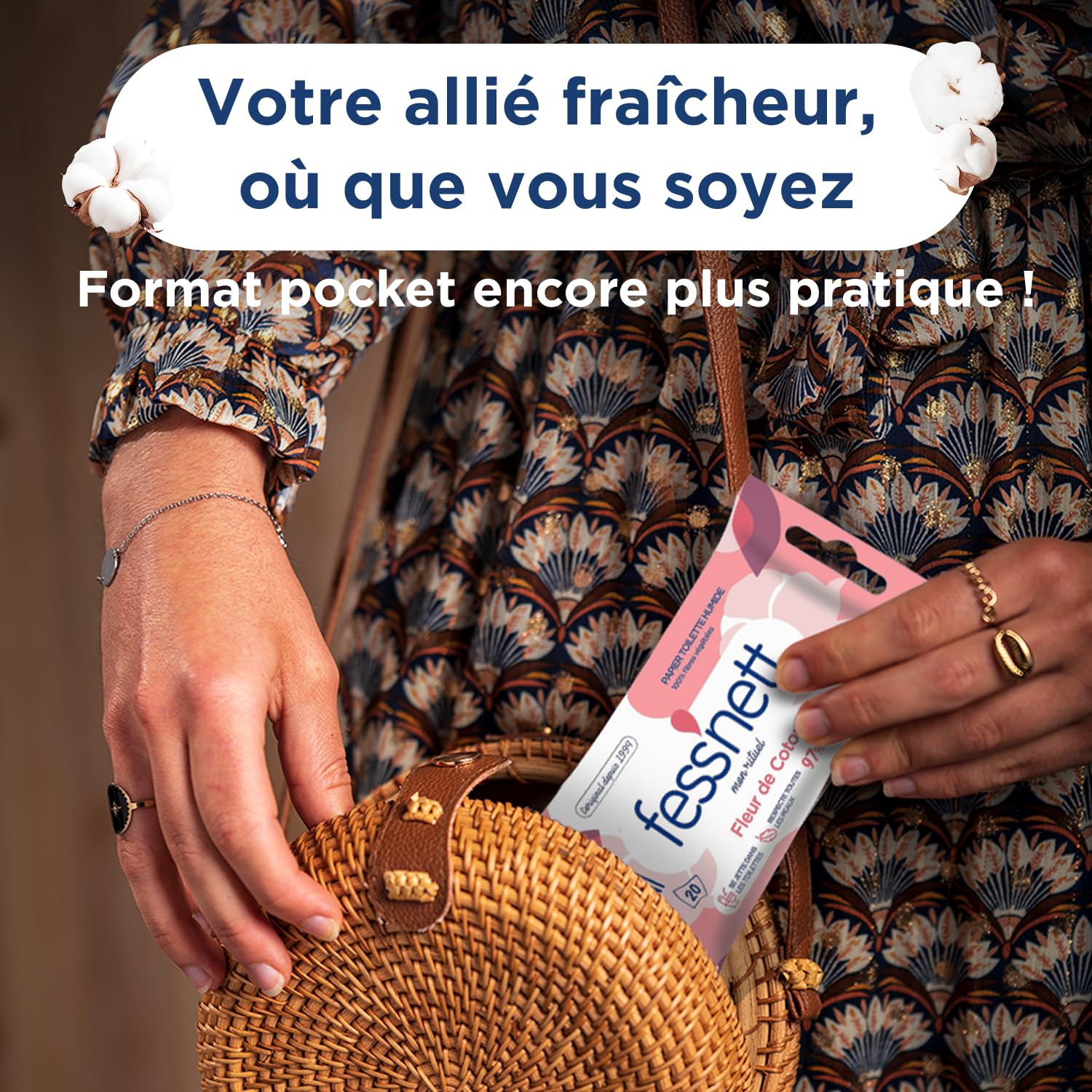 Fess Nett - Papier Toilette Humide Pocket Fleur de Coton x20 - Formule testée dermatologiquement 0% parabène 0% phenoxyethanol - Pour peaux normales à sensibles