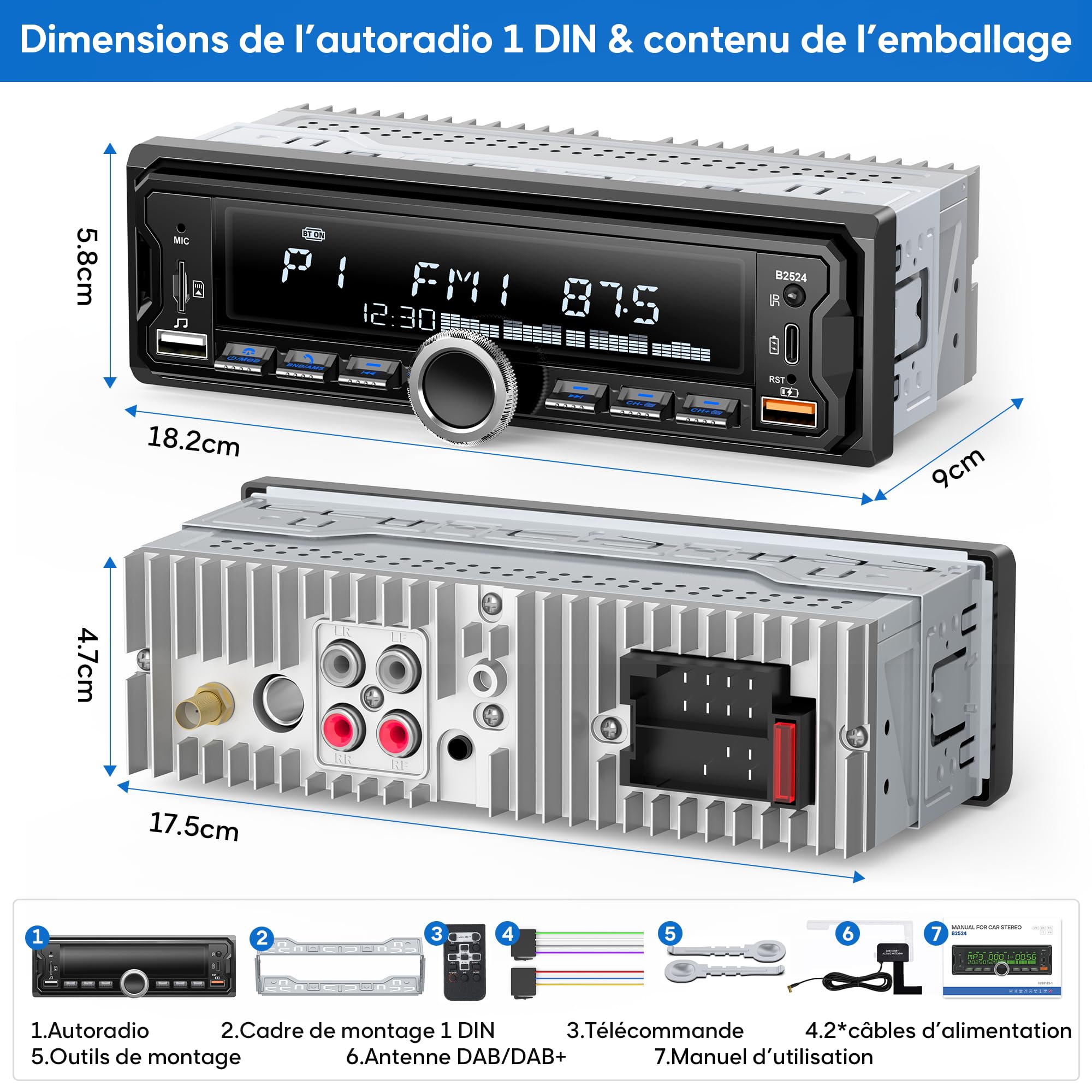Autoradio DAB/DAB+, CENXINY Auto Radio Bluetooth RDS/FM/AM,1 Din Autoradio mit Fernbedienung,unterstützt 2 USB,AUX-Eingänge,TF/SD/FM/iOS Android,Multicolour