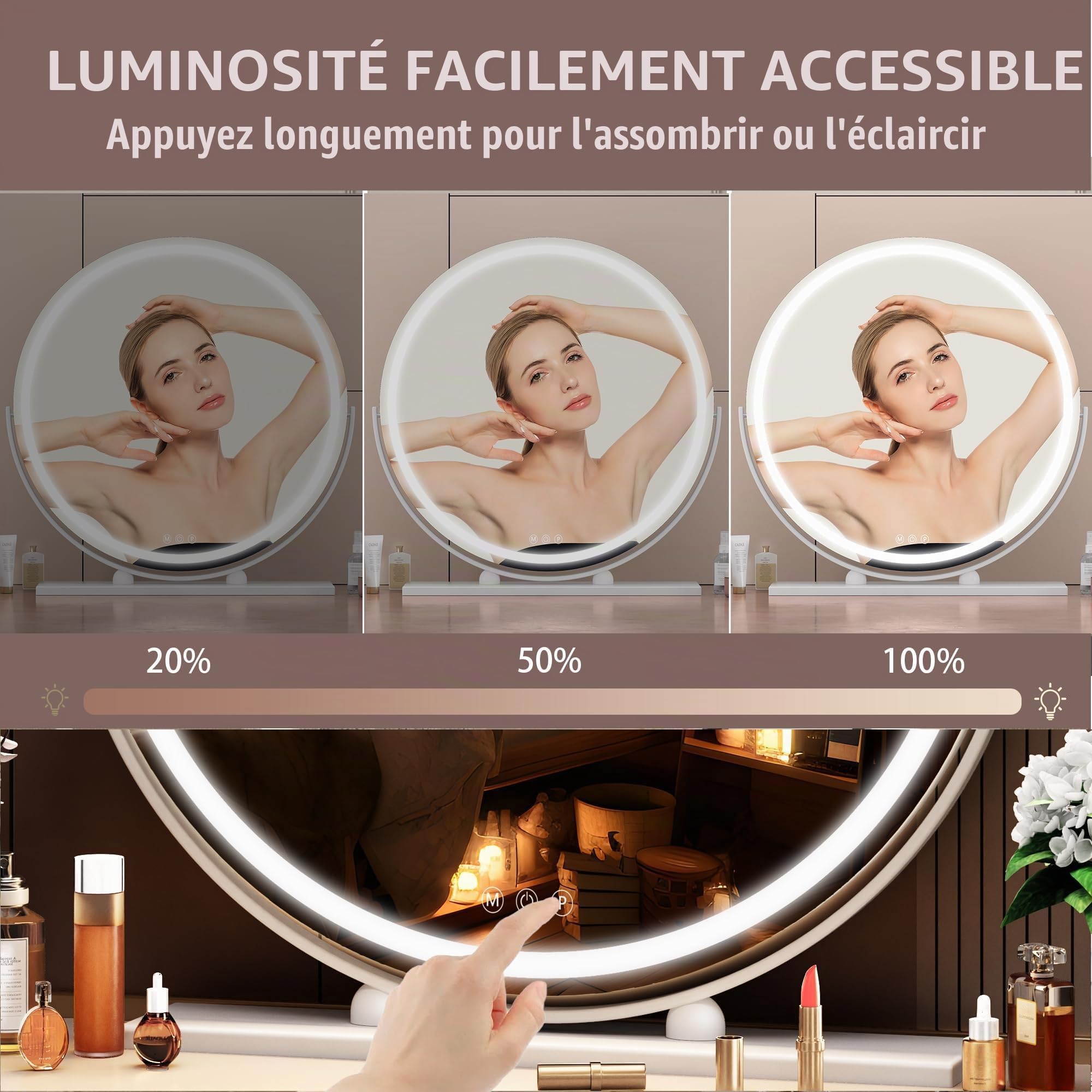 Hasipu Miroir de Coiffure avec éclairage, 60L x 60l cm, Miroir de Maquillage Lumineux avec Commande Tactile Intelligente, 3 Couleurs dimmables, Rotation 360°, Blanc Rond