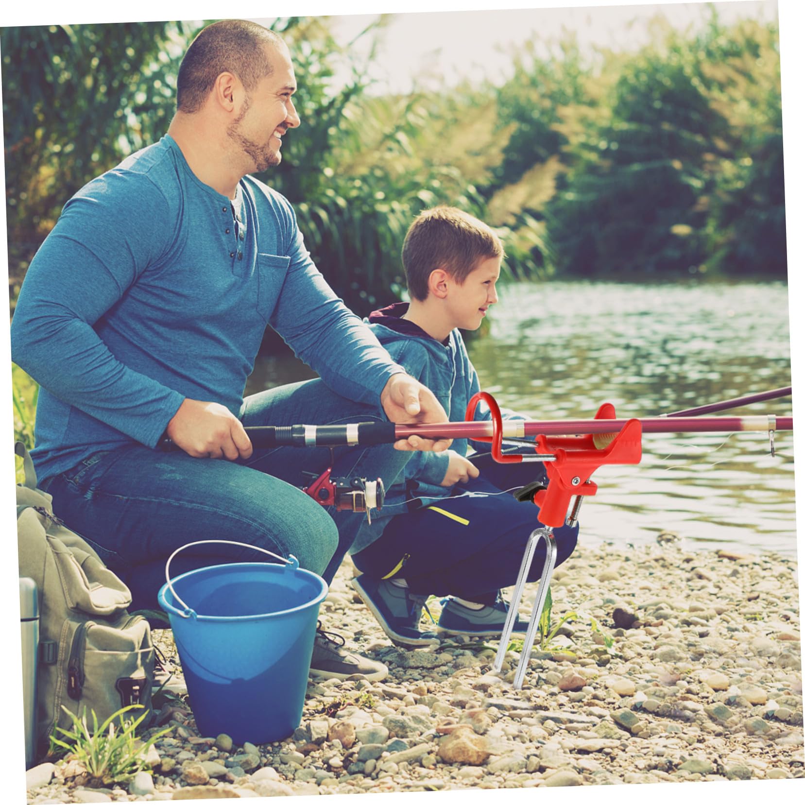 Support de Canne à Pêche de Sol 2 Pièces, Métal Nylon, Rouge