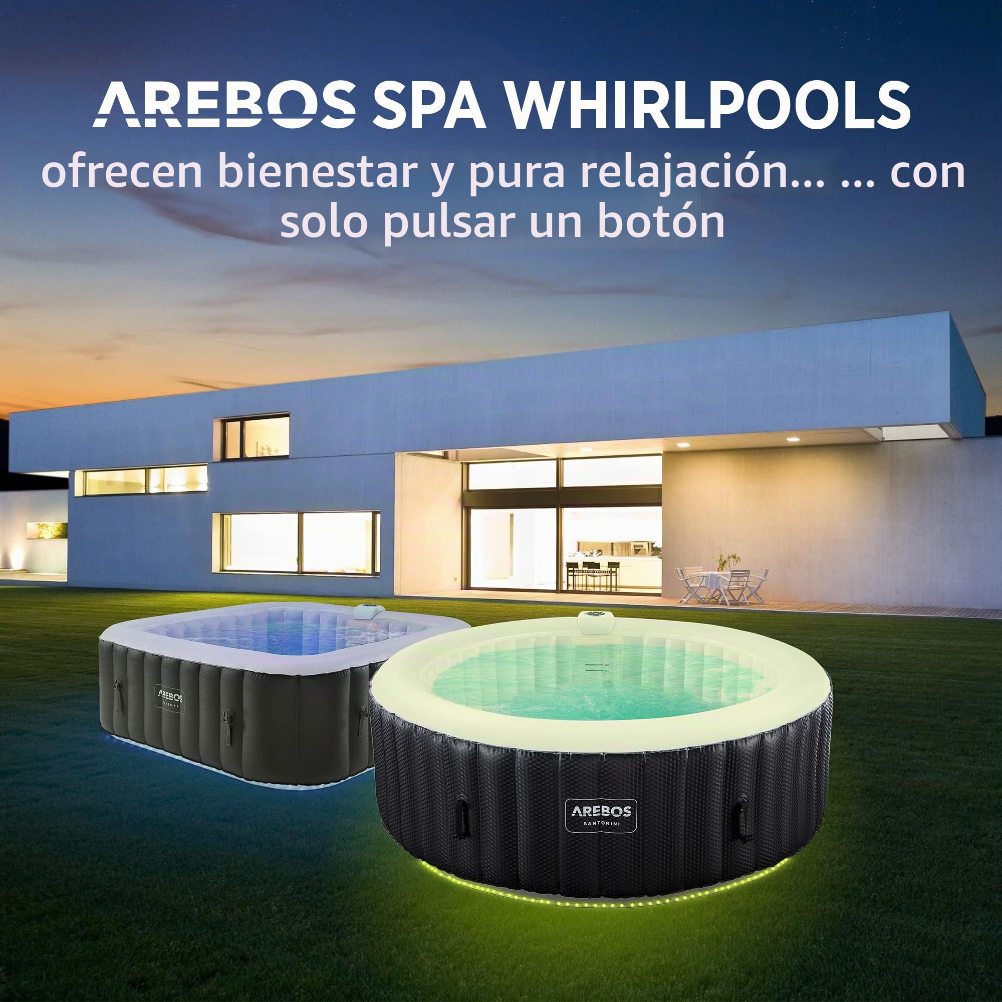 Arebos SPA Hinchable | Inflable automático | para Interior y Exterior | ⌀ 208 cm | 6 Personas | Banda Luminosa LED | 130 boquillas de Masaje | 1000 L | Incluye Cubierta | Bubble SPA & Wellness Masaje