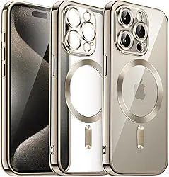 JETech Capa Claro Macia para iPhone 15 Pro Max 6,7 Polegadas, Proteção Total da Lente da Câmera, Case Compatível com Carregamento Sem Fio MagSafe, Capinha de TPU Galvanizada (Titânio Natural)
