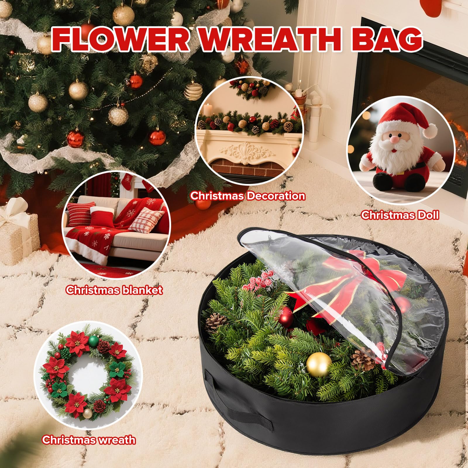 Weihnachtskranz-Aufbewahrungstaschen mit transparentem Fenster, wasserdicht, schwarz, PE/PVC, Urlaubsdekor, Organizer für Girlande, Ornamente, Reißverschluss und Griff (61 x 20 cm)