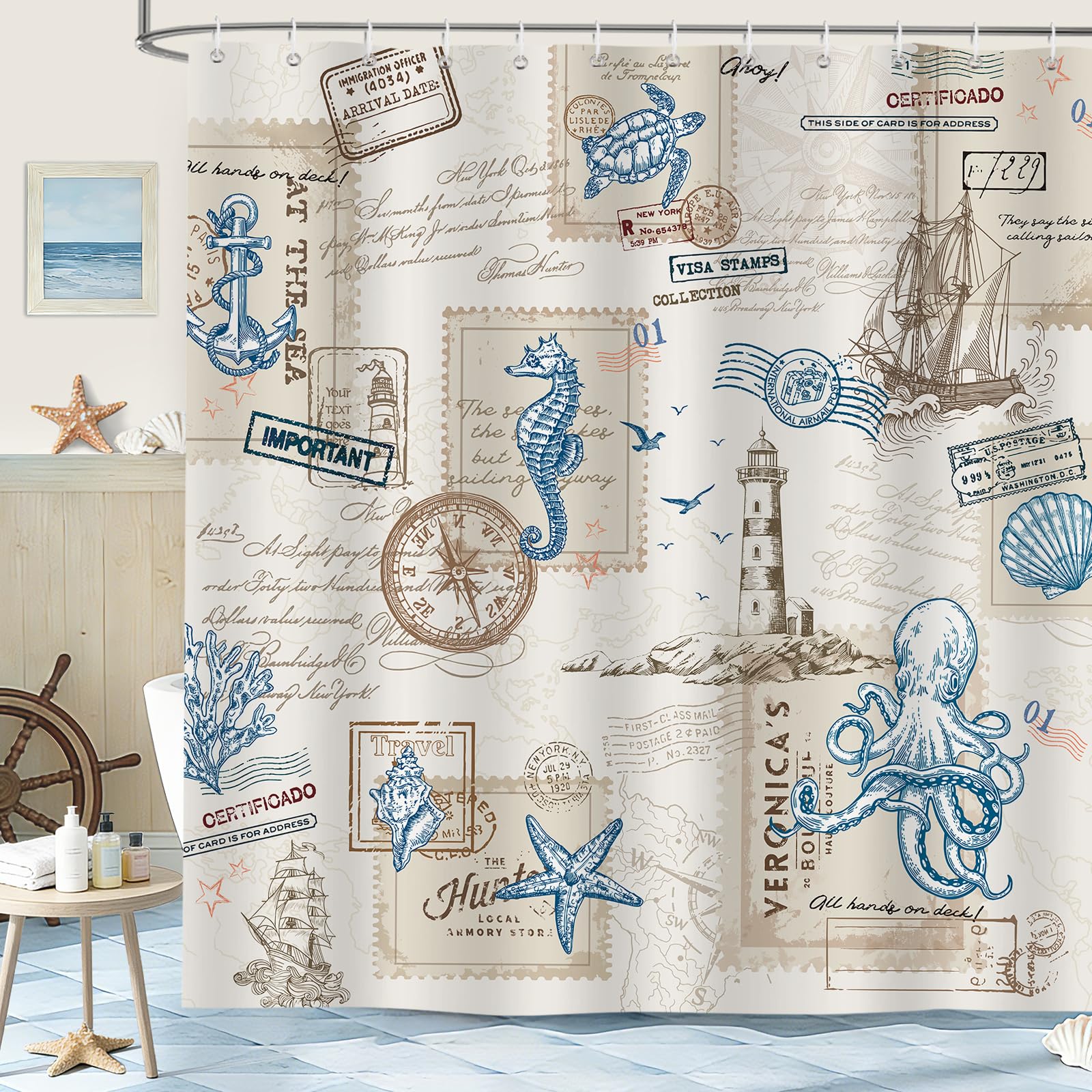 hometrixx Vintage Nautical Coastal Ocean Turtle Shower Curtain 72X78Inch