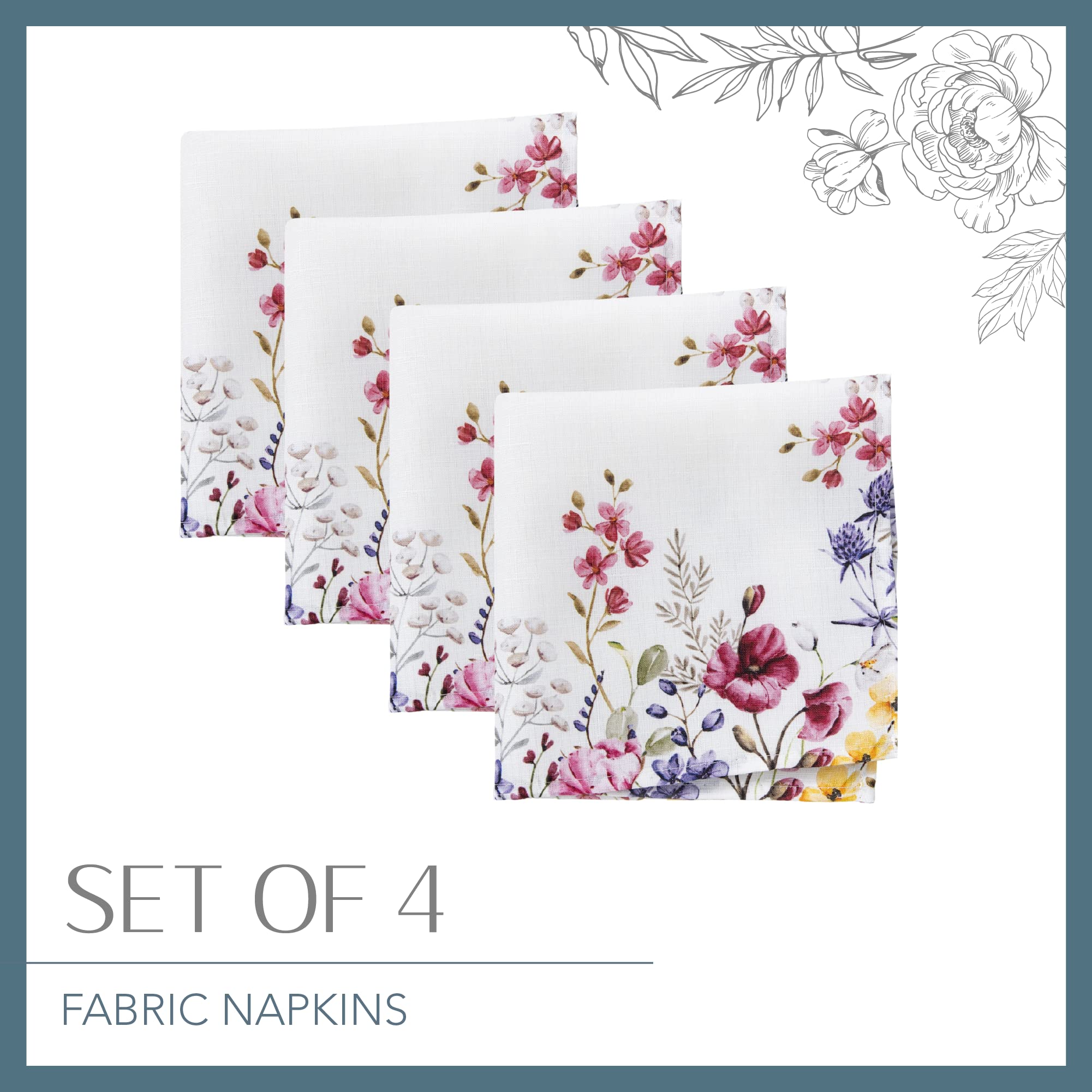 Elrene Home Fashions Serwetki z tkaniny z motywem dzikiego kwiatu maku, 43 cm na 44 cm, zestaw 4 szt