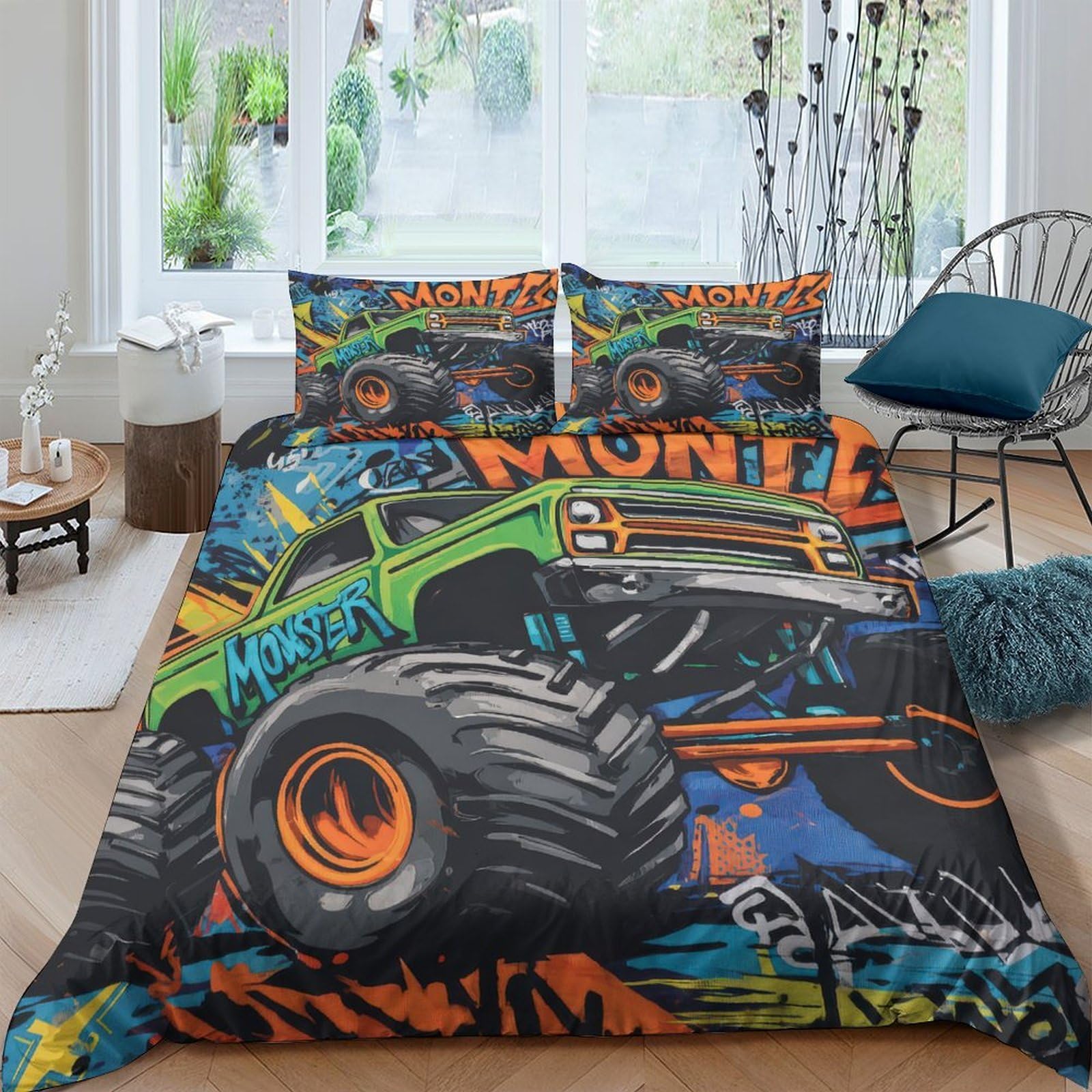 Offroad LKW 3-teiliges Reines Polyester Graffiti Kunststil Bettbezugset, Versteckter Reißverschluss, Für Kleinkinder, Babysicher & Gifffrei, Pflegeleicht King（220x240cm）