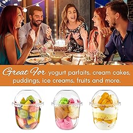 Zezzxu 50 Pack 12 oz Plastic Dessert Cups with Dome Lids (No Hole) and Sporks, Clear Disposable Fruit Cups with Lids for Yogurt Parfait Ice Creams Pudding Cakes