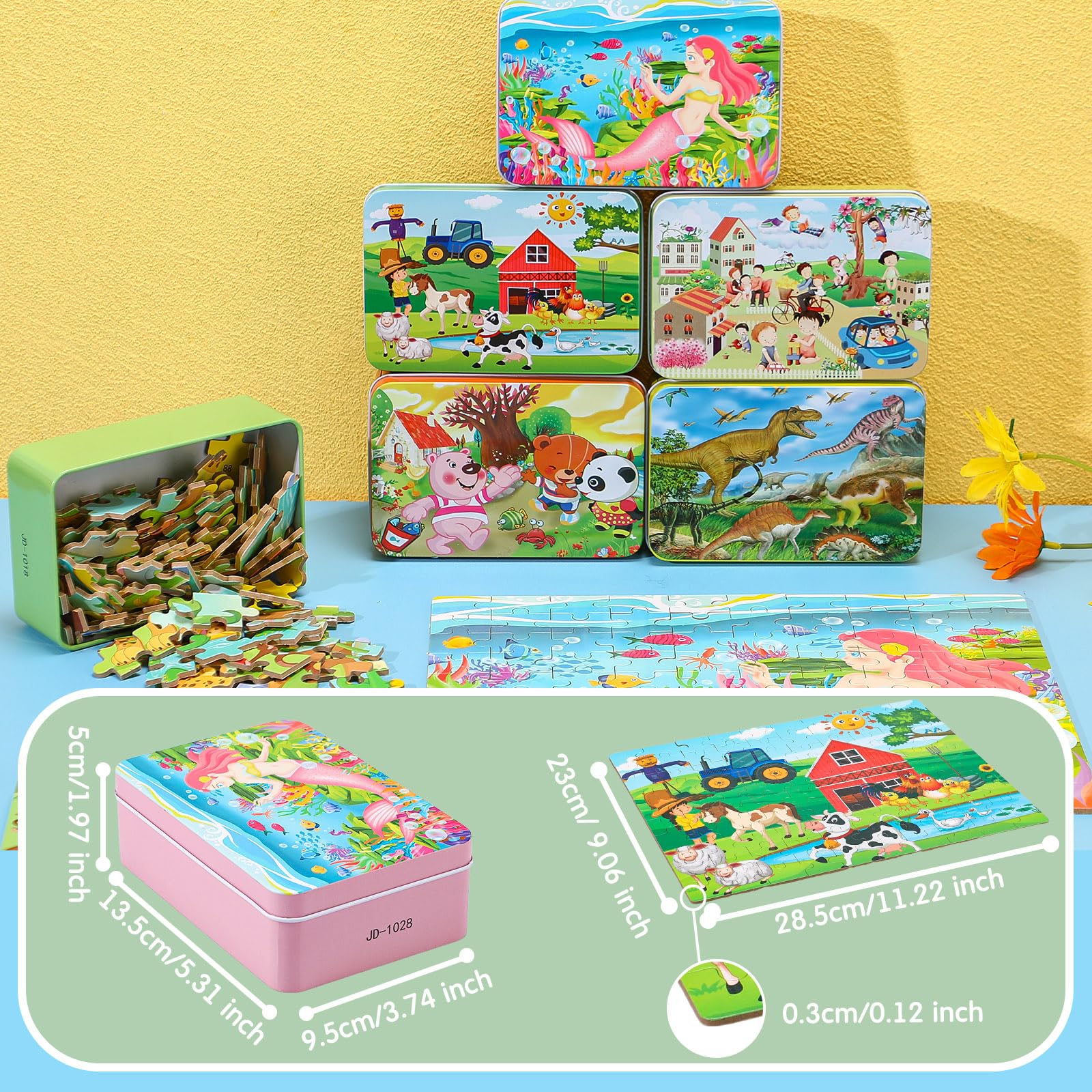 Motionchic 6 Set Jigsaw Puzzles in a Metal Box for Kids Age Over 6, 100 Pieces Wooden Mini Puzzle Animal Marine Mermaid Fire Truck Dinosaur Puzzles for Girl Boy Educational Party Favor (Cute) - Image 2