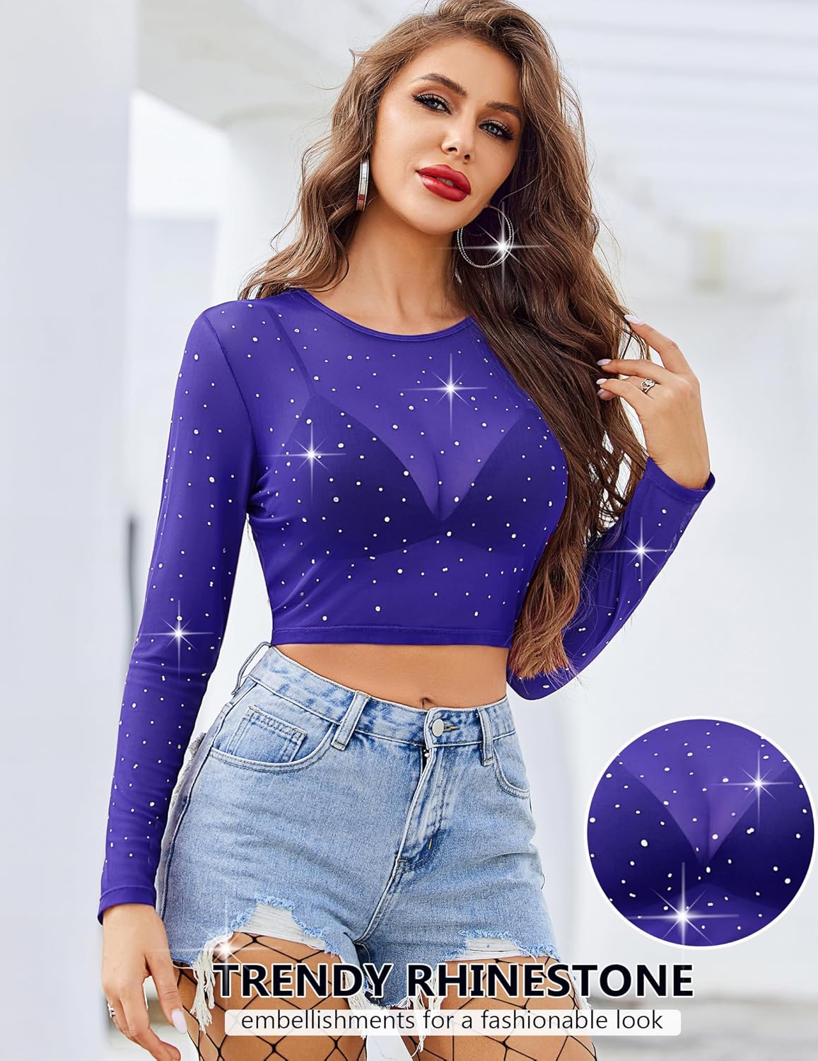 Avidlove Mesh Top Women Rhinestone Sparkly Long Sleeve Sheer Crop Top See Through Shirt Glitter Going Out Tops - Image 5
