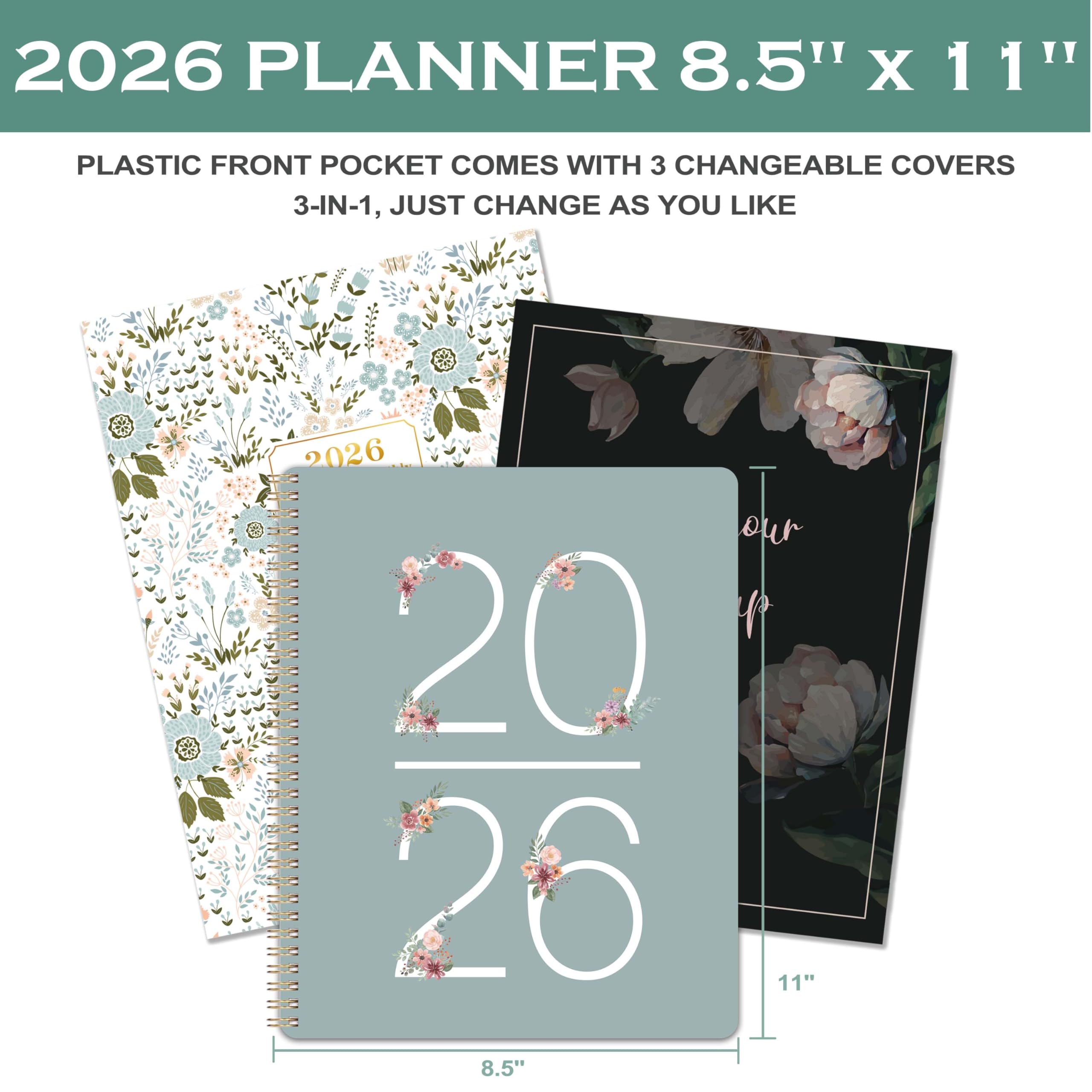 Planer 2026 – styczeń 2026 – grudzień 2026, planer tygodniowy i miesięczny, kalendarz 2026 z 3 wymiennymi i wodoodpornymi osłonami, 12 zakładek miesięcznych