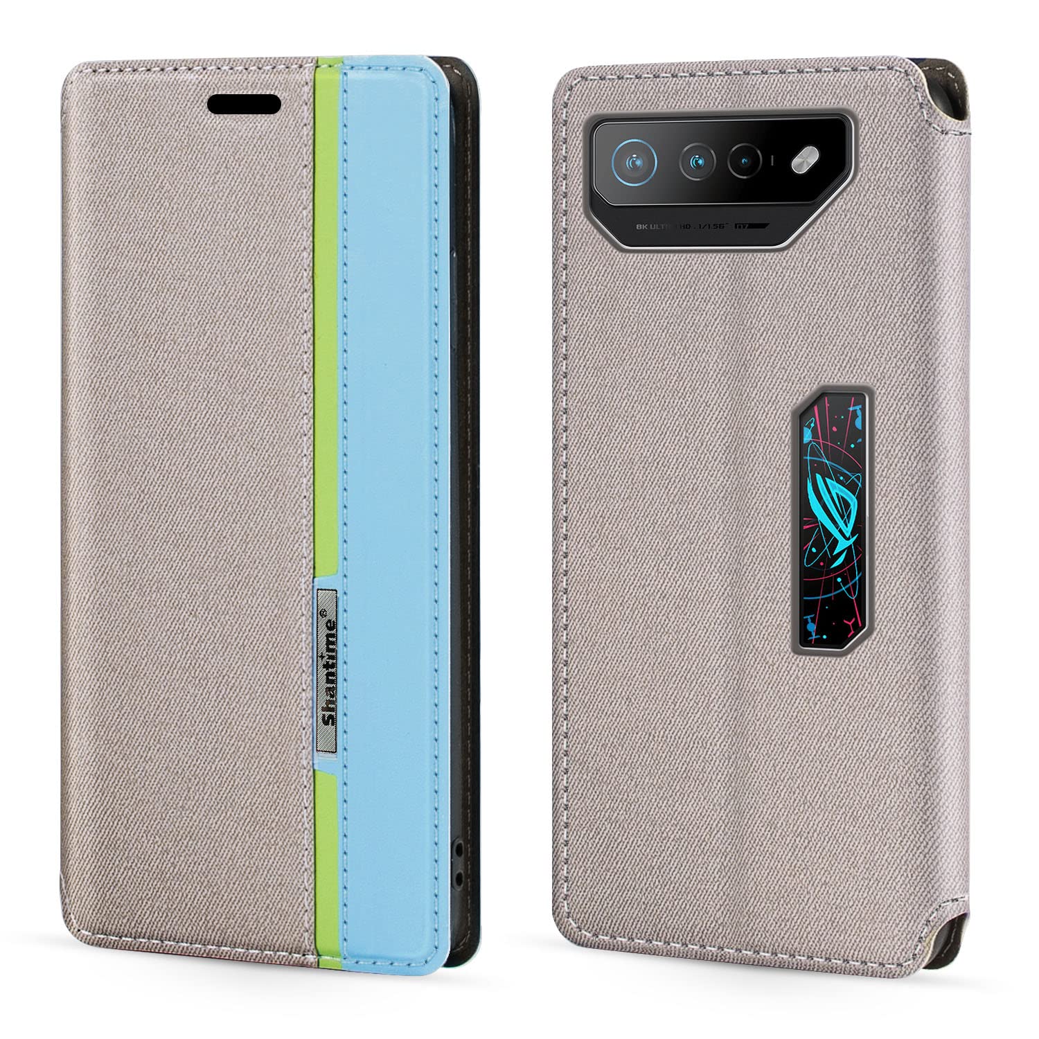 Shantime Colorblock Invisible Magnetic PU Leather Flip Case Compatible with Asus ROG Phone 7 Ultimate, Stylish Wallet Cover with Full Protection and Slim Design Gray