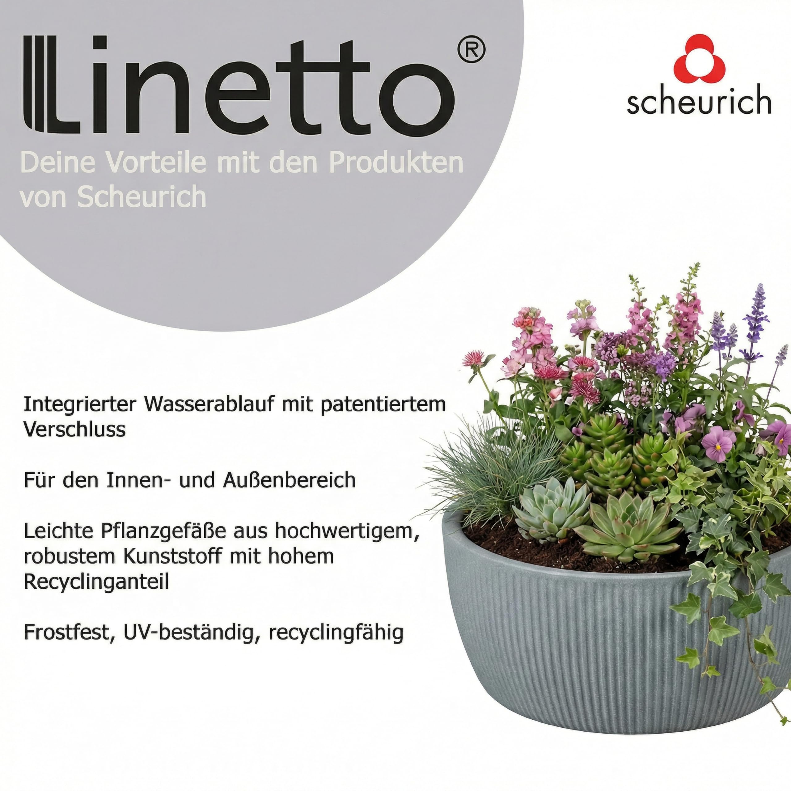 Scheurich Linetto Oval Bowl, Pflanzgefäß/Blumentopf/Pflanzkübel, rund, Farbe: Stony Grey, hergestellt mit recyceltem Kunststoff, 10 Jahre Garantie, für den Außenbereich