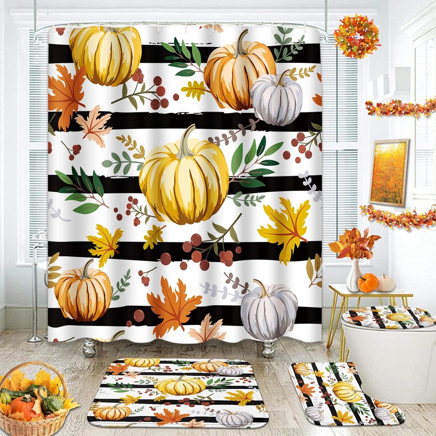ArtSocket Fall Bathroom Sets with Shower Curtain and Rugs, Maple Leaves