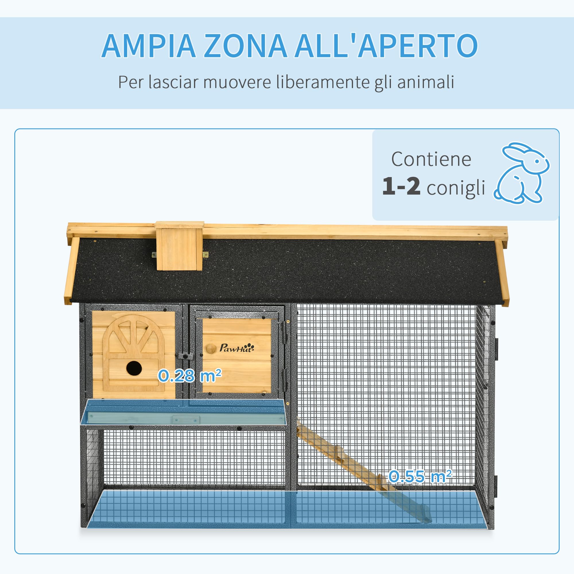 PawHut Conigliera Legno di Abete 2 Livelli 120x55.5x80 cm Gialla e Nera | Acciaio, Gabbia per Conigli, Vassoio Rimovibile, Area di Corsa