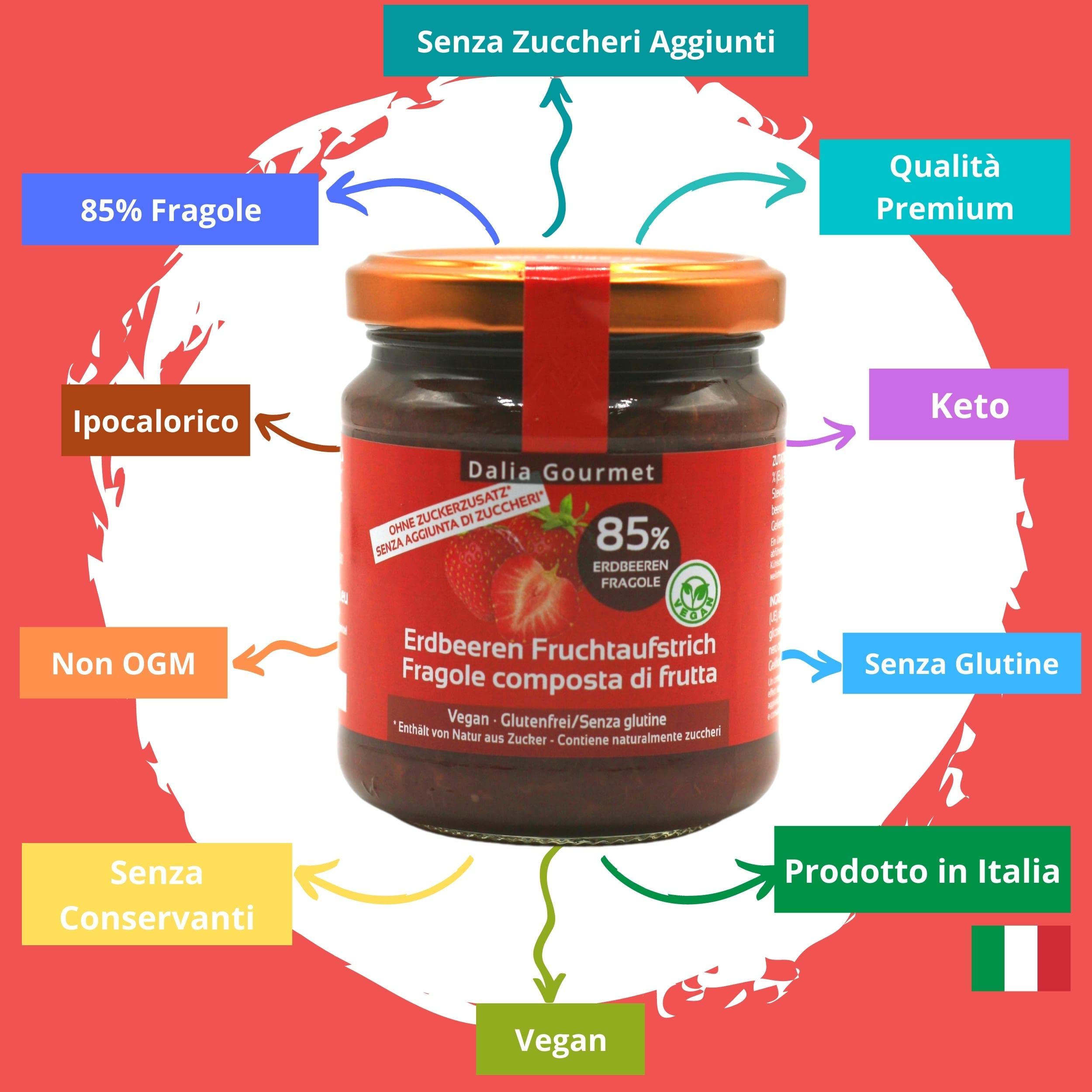 Composta di frutta 85 % | Senza aggiunta di zuccheri con ERITRITOLO - STEVIA | Prodotto artigianale italiano | 6 pezzi da 220 g (Fragola)