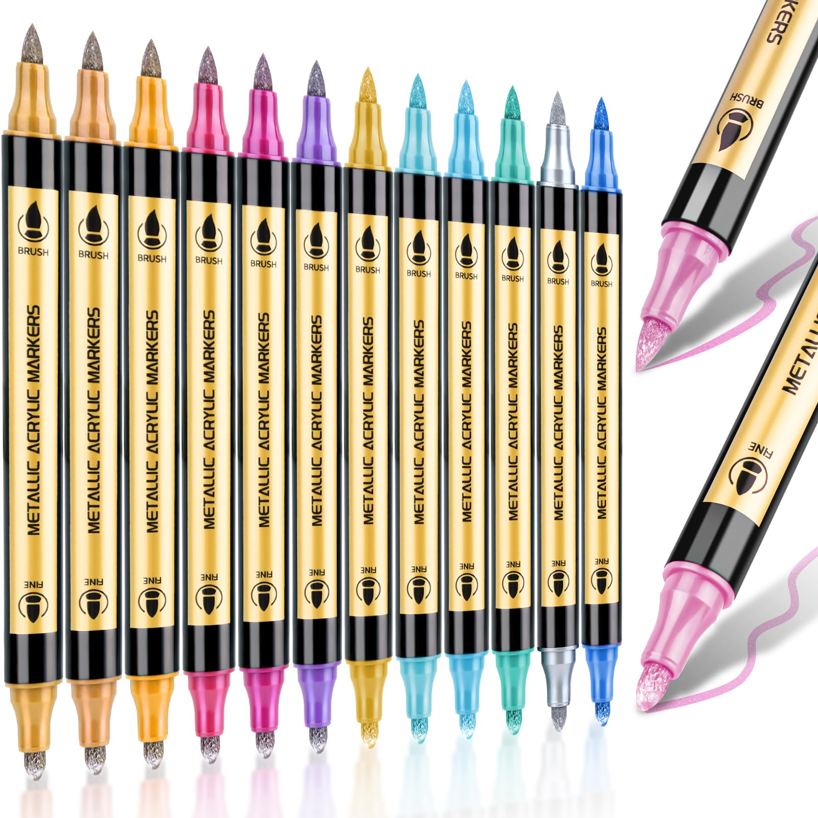 DUULEMANG Metallic Marker Pens, 12 Colours Dual Tip Metallic Acrylic Paint Markers for for Black Paper, Rock, Fabric, Glass, Wood, Acrylic Paint Pens Markers Set for Coloring Books for Adults