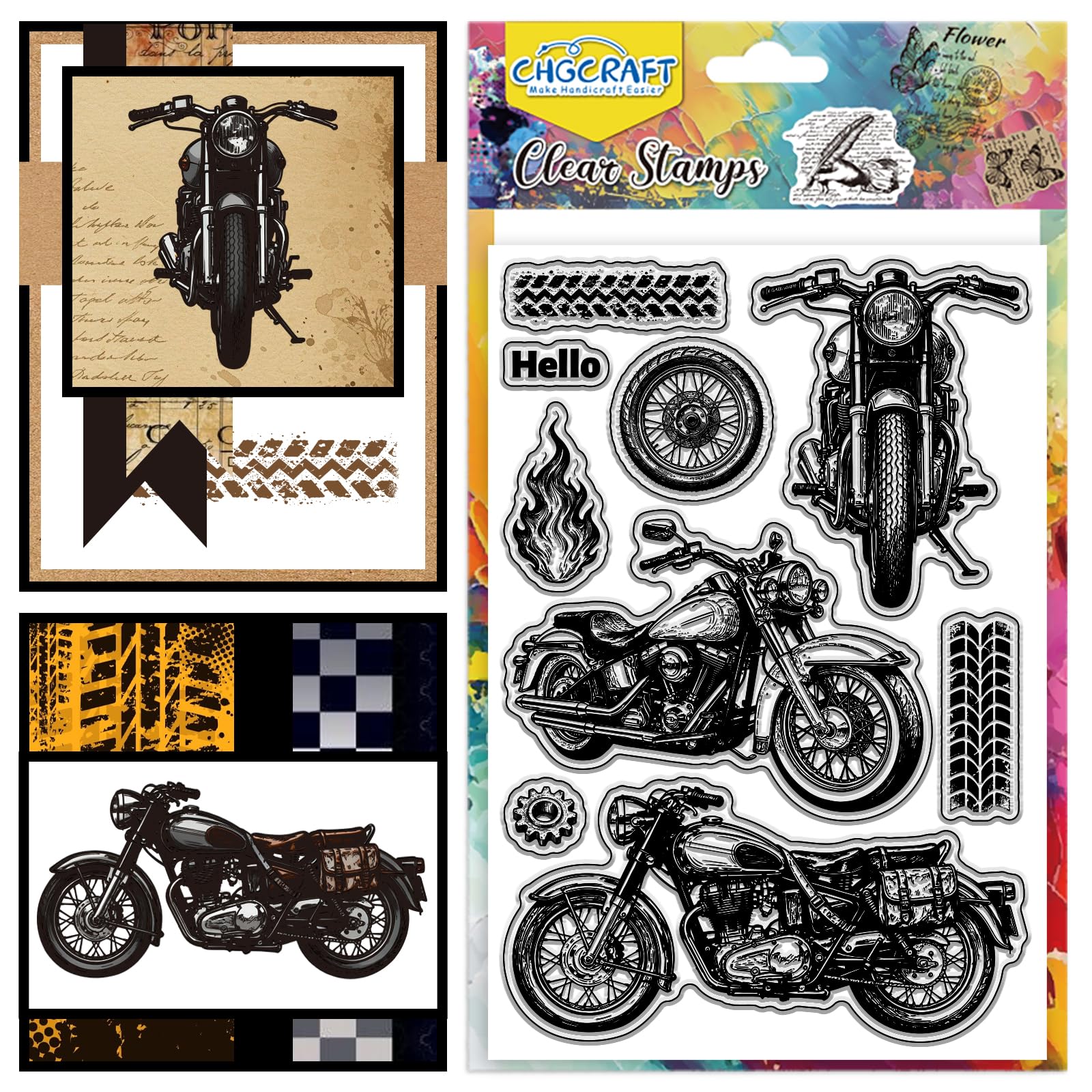 CHGCRAFT Realistic Retro Motorcycle Clear Stamps Transparent Stamps Silicone Clear Stamp Seals for DIY Scrapbooking Photo Album Decoration, 4.3×6.3 inch