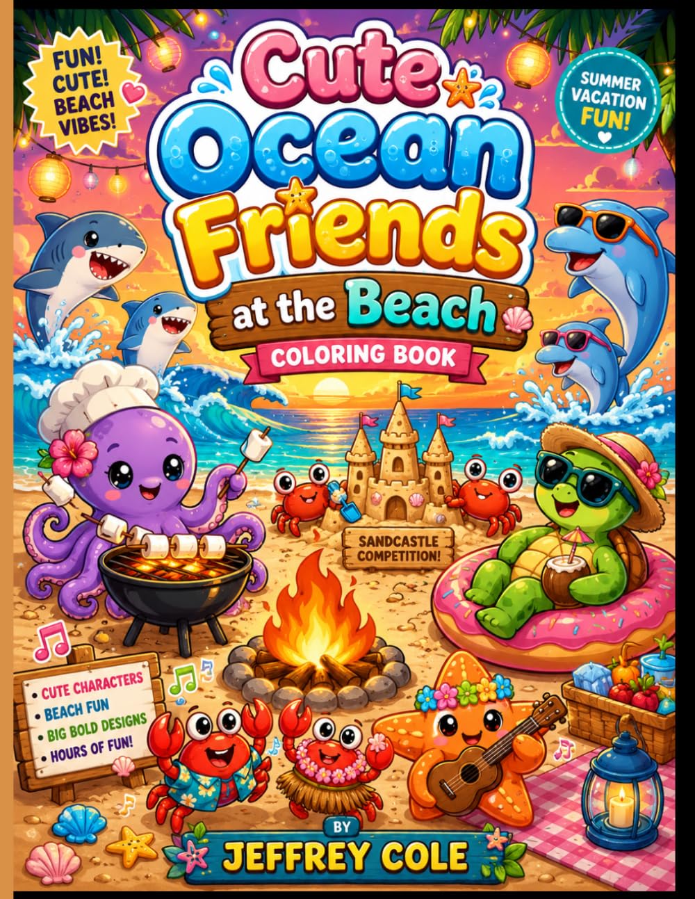 Cute Ocean Friends at the Beach: Fun Summer Coloring Book with Dolphins, Sharks, Turtles, and Adorable Sea Animals Enjoying Sunny Vacation Days