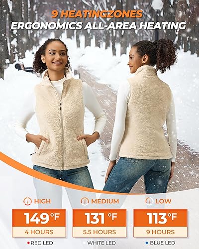 Fuzzy Fleece Heated Vest for Women with 7.4V 16000mAh Battery, Ergonomics Heating System, 9 Zones Women's Heated Vest(Beige,Large)