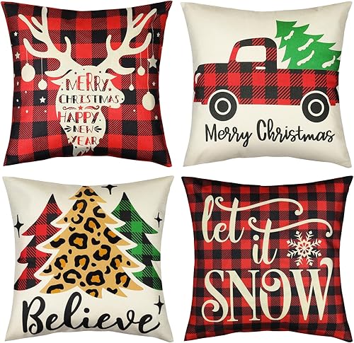 FINPAC Juego de 4 fundas de almohada de Navidad de 18 x 18 pulgadas, serie navideña, leopardo, árbol de Navidad, cuadros rojos, ciervos, patrón de